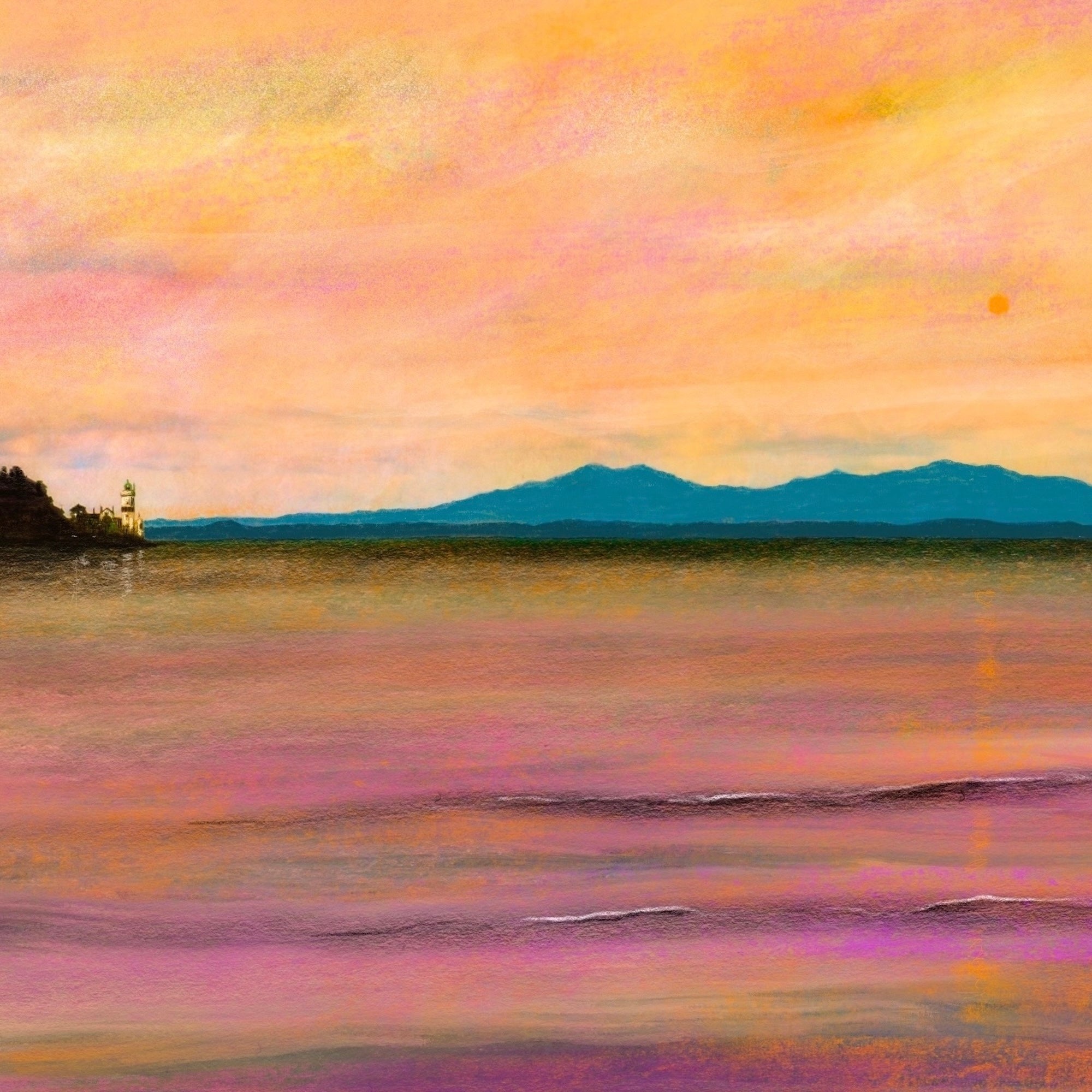 Dusk Over Arran & The Cloch Wooden Art Block