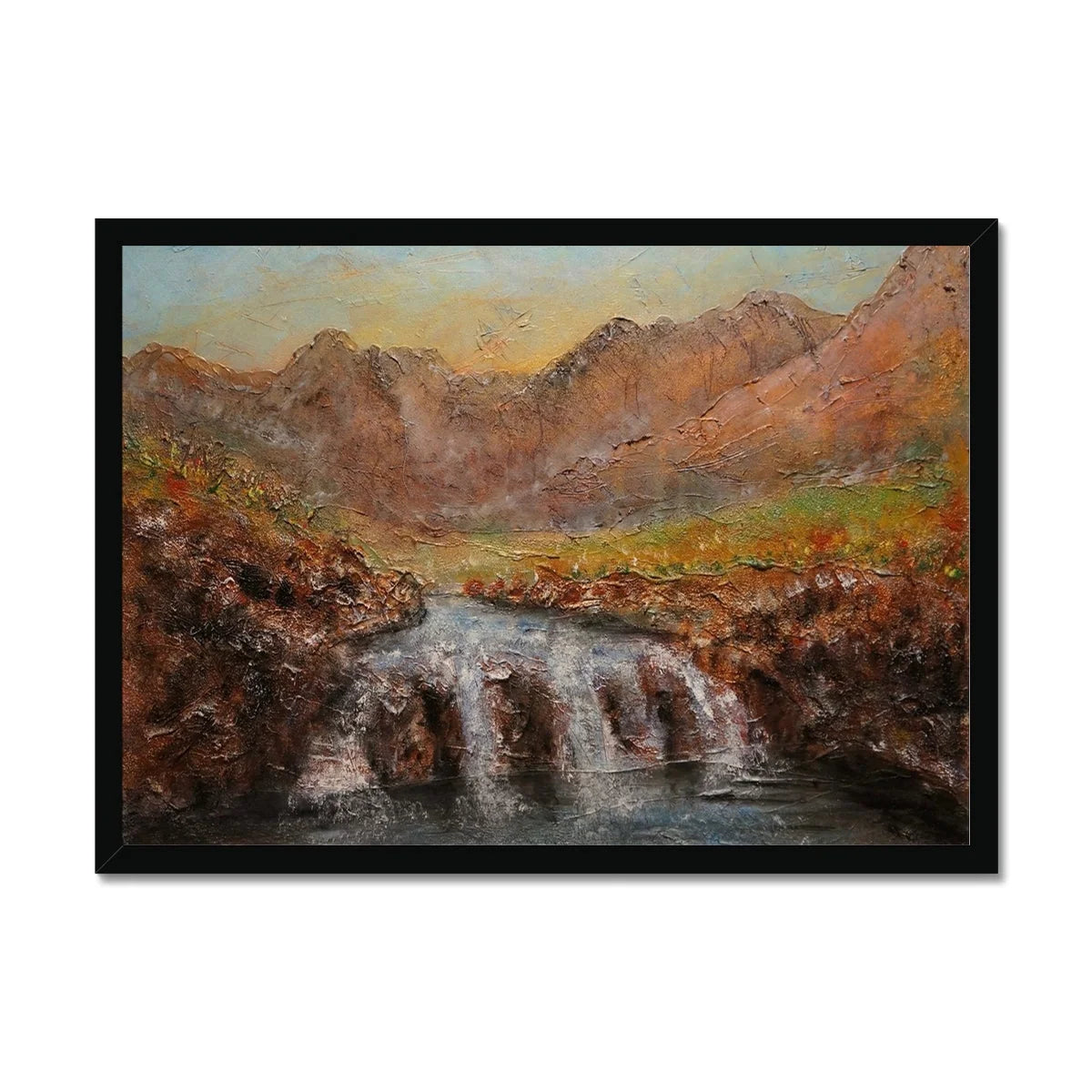 Fairy Pools Skye Dawn Framed Print - Art Gallery Scotland Worldwide Shipping Scottish Landscape Paintings and Prints by Artist Hunter