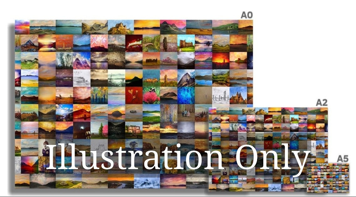 Collage of landscape paintings showcasing fine art prints from Scotland