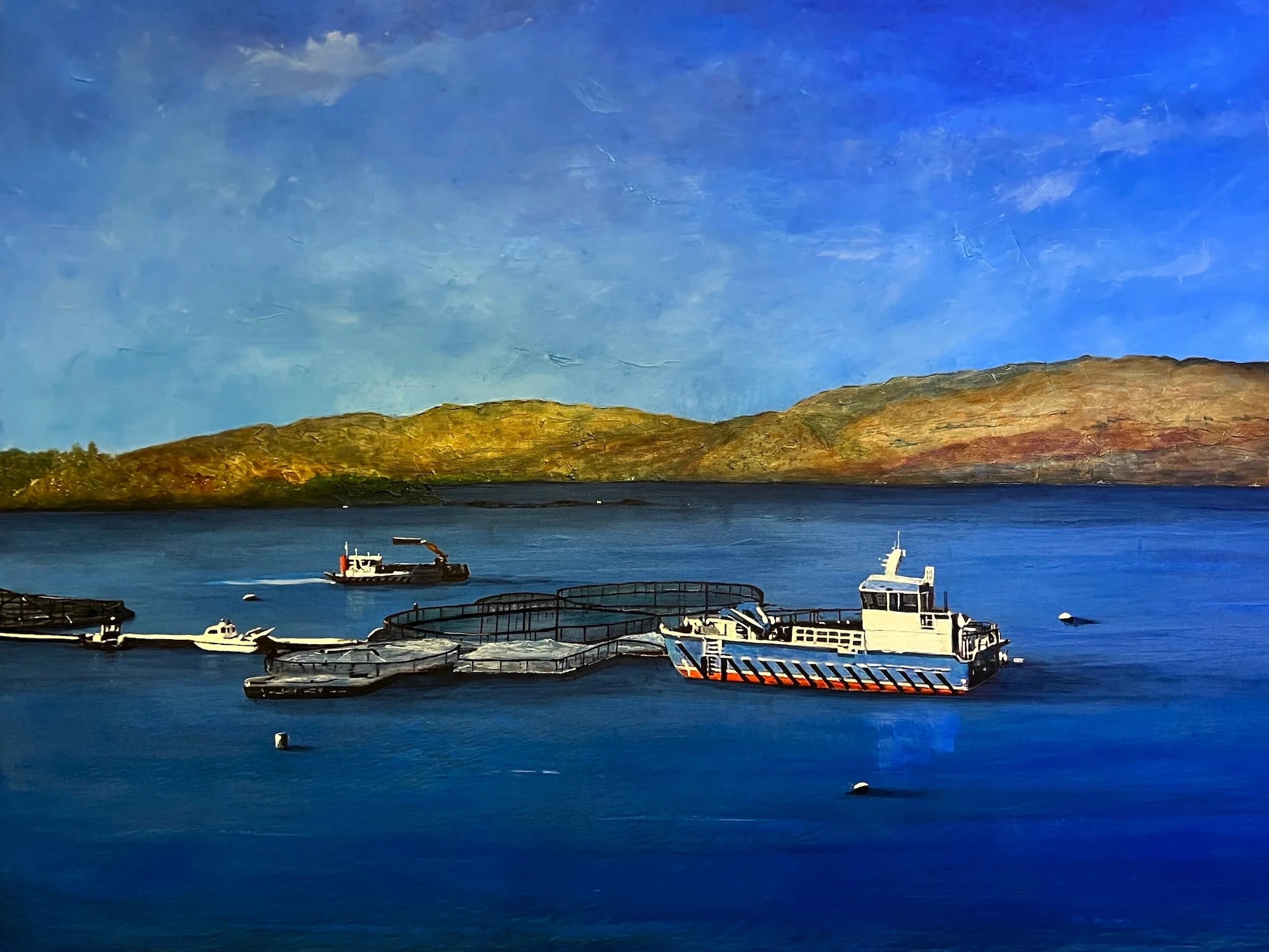 Kames Fish Farm Original Painting - Scottish Artist Lochs & Mountains Art Gallery Scotland