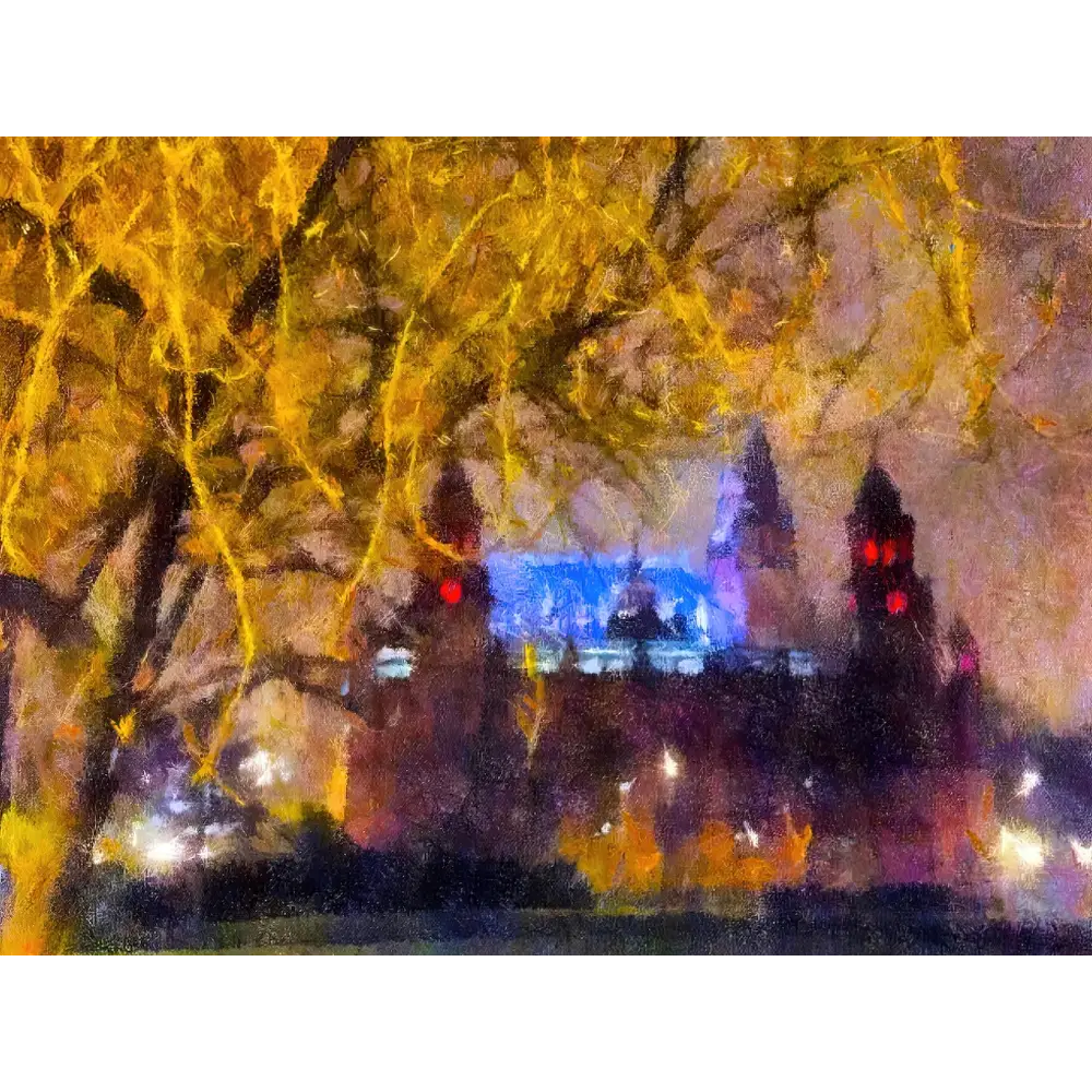 Impressionistic Parliament building at night in Kelvingrove Nights art print by Scottish artist