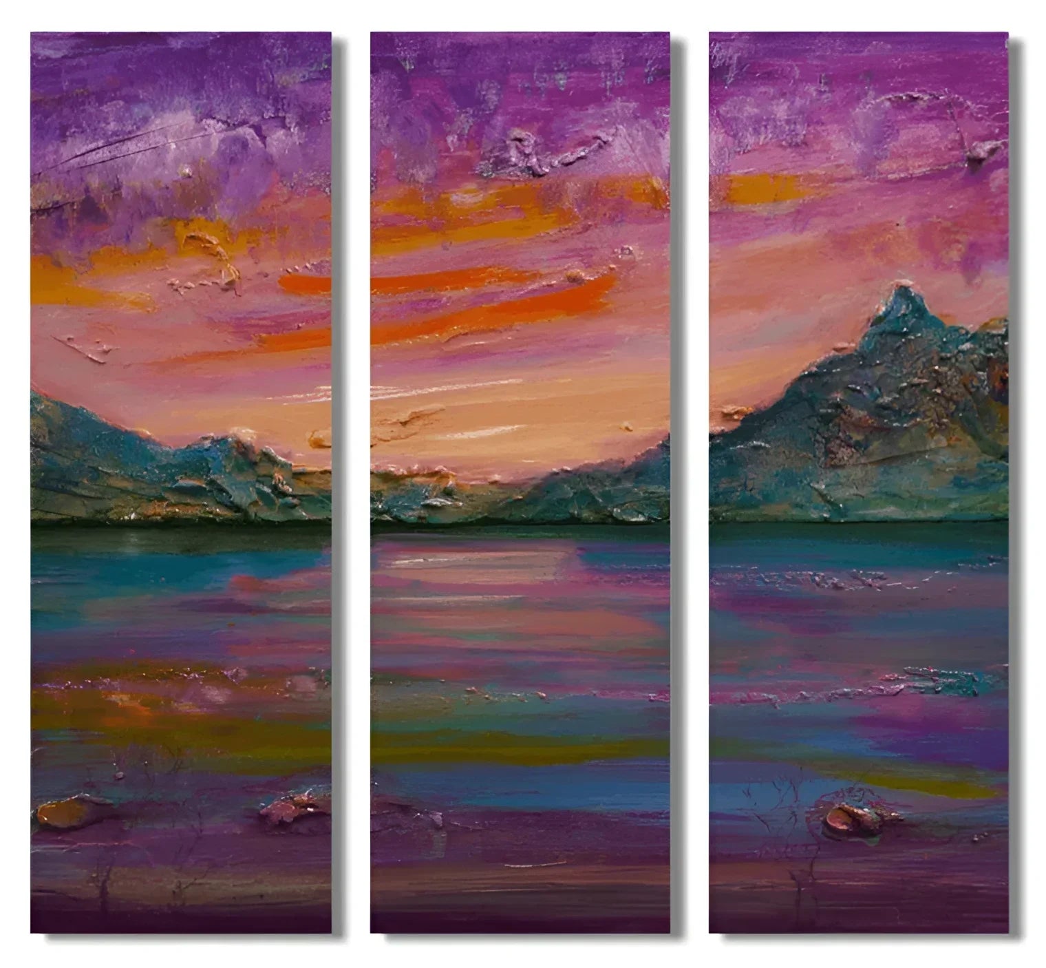 Loch Leven Sunset Triptych | Statement Interior Wall Art from Scotland - Glencoe Gallery Worldwide Shipping Three-panel Oil Painting
