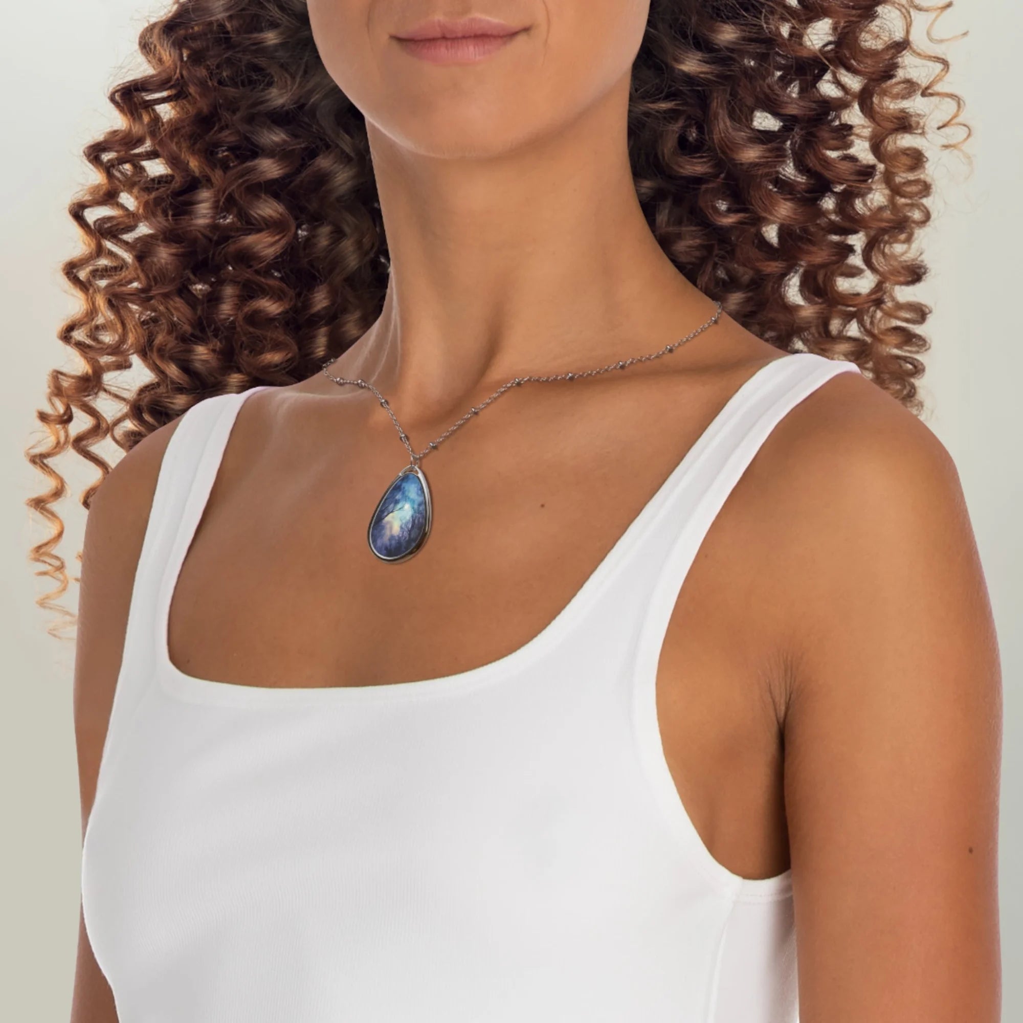 A Moonlit Highland Wood | Scottish Art Jewellery | Necklace - Highlands & Lowlands Gallery Scotland Worldwide Shipping Woman White Tank