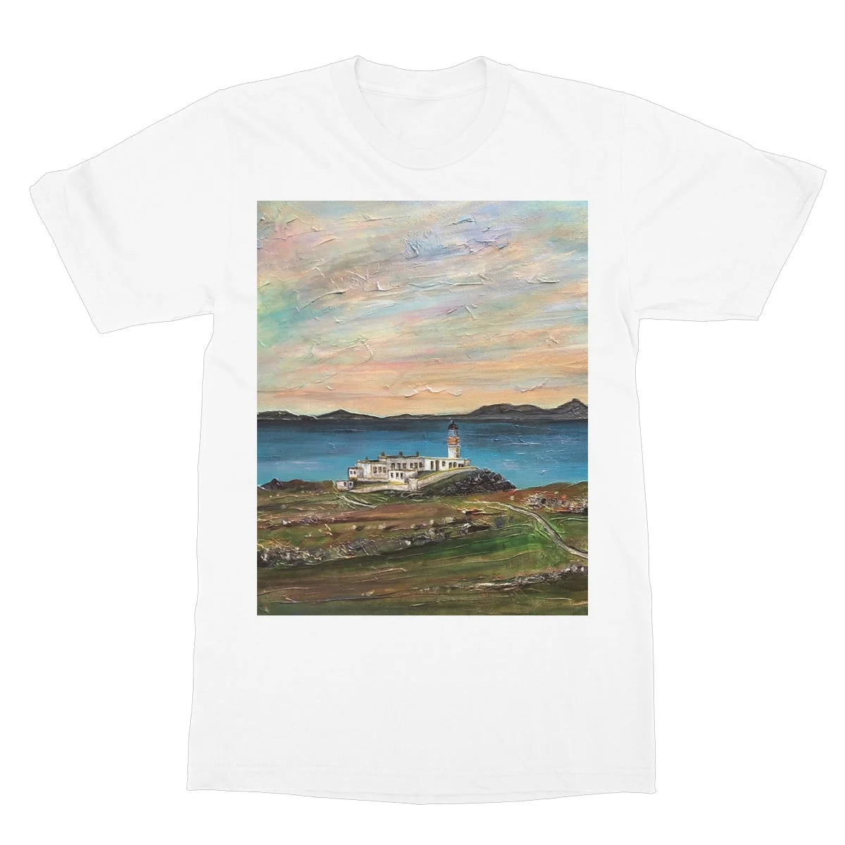 Neist Point Lighthouse Skye Softstyle T-shirt - Art Gallery Scotland Worldwide Shipping Scottish Landscape Paintings and Prints