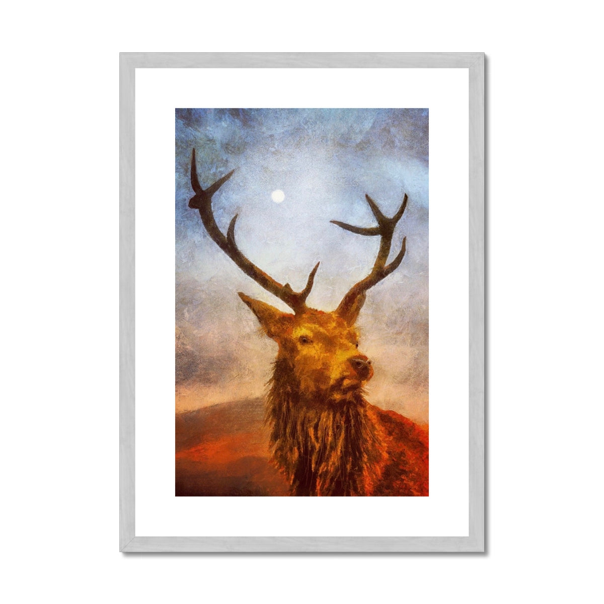 Scottish Paintings - ' The Moonlit Stag ' Antique Framed & Mounted Print