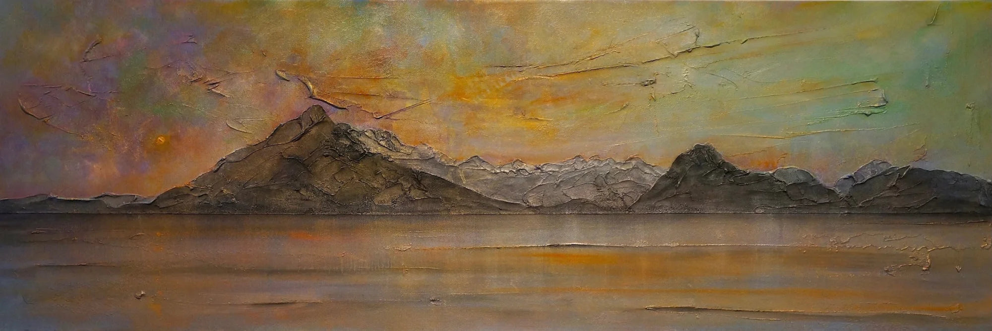 Skye Cuillin Dusk Original Panoramic Painting on Canvas - Art Gallery Scotland Worldwide Shipping Paintings and Prints by Artist Hunter
