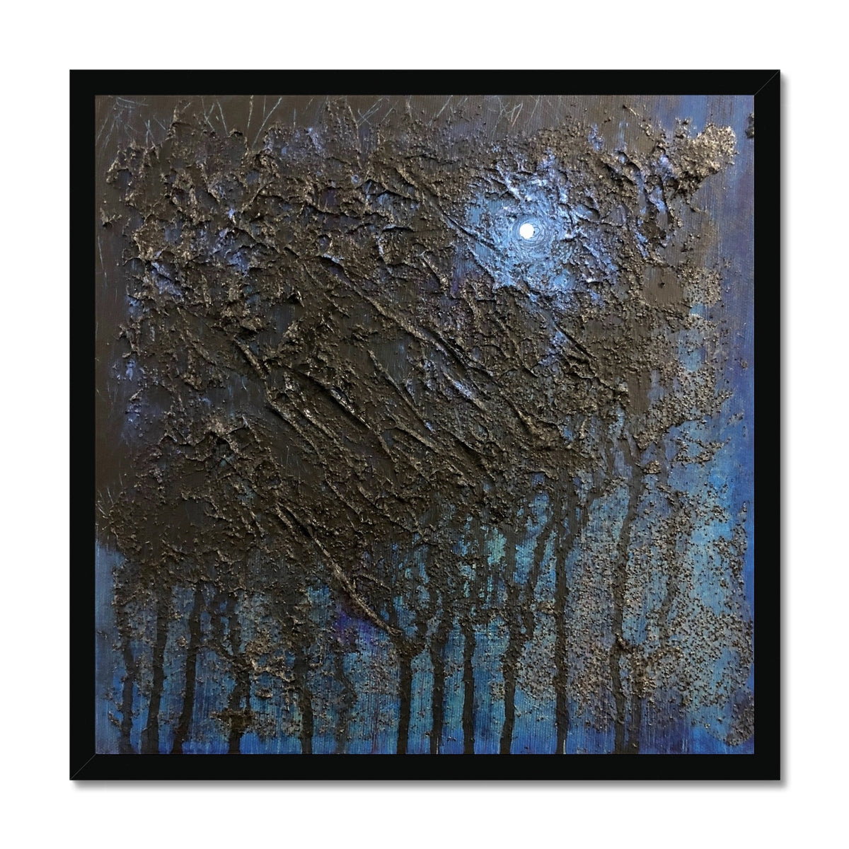 The Blue Moon Wood Abstract Painting | Framed Prints From Scotland-Framed Prints-Abstract & Impressionistic Art Gallery-20"x20"-Black Frame-Paintings, Prints, Homeware, Art Gifts From Scotland By Scottish Artist Kevin Hunter