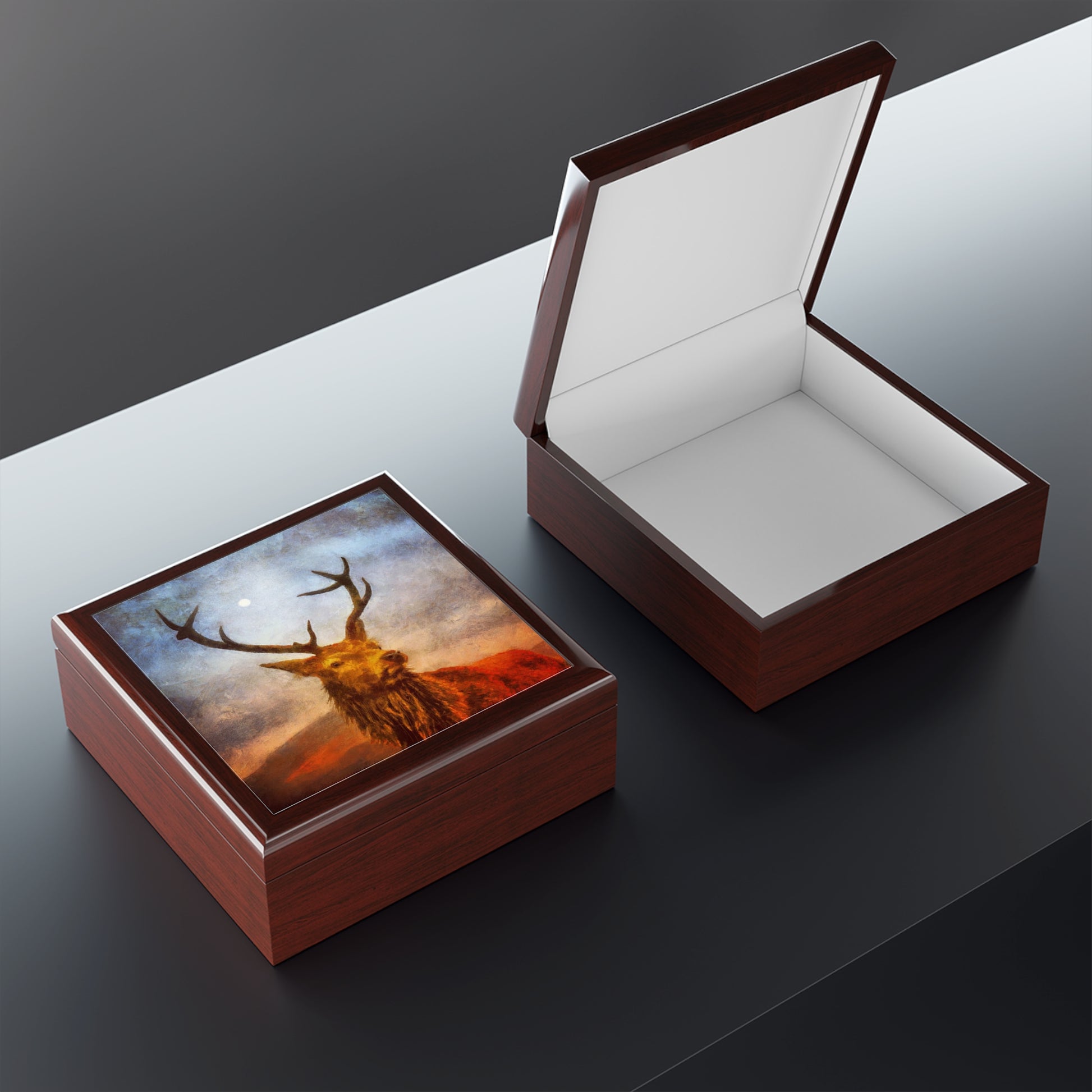 A Moonlit Highland Stag Jewellery Box | Scottish Art Gifts