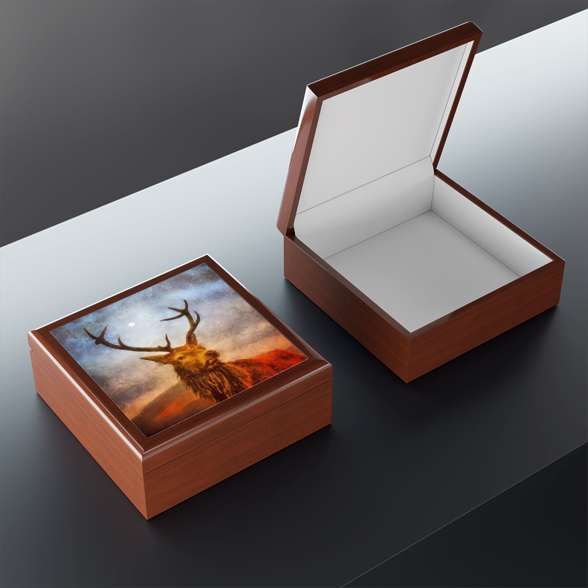A Moonlit Highland Stag Jewellery Box | Scottish Art Gifts