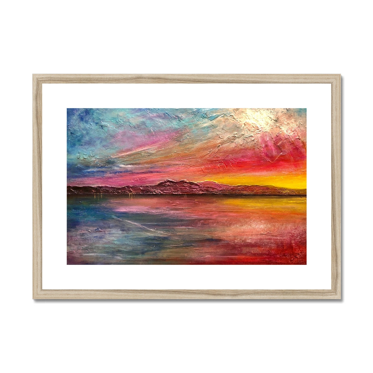Arran Sunset ii Painting | Framed & Mounted Prints From Scotland-Framed & Mounted Prints-Arran Art Gallery-A2 Landscape-Natural Frame-Paintings, Prints, Homeware, Art Gifts From Scotland By Scottish Artist Kevin Hunter