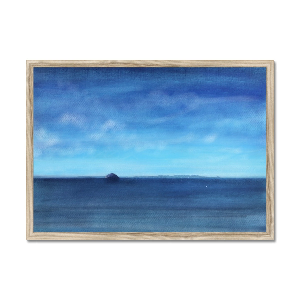 Ailsa Craig & Arran Painting | Framed Prints From Scotland-Framed Prints-Arran Art Gallery-A2 Landscape-Natural Frame-Paintings, Prints, Homeware, Art Gifts From Scotland By Scottish Artist Kevin Hunter