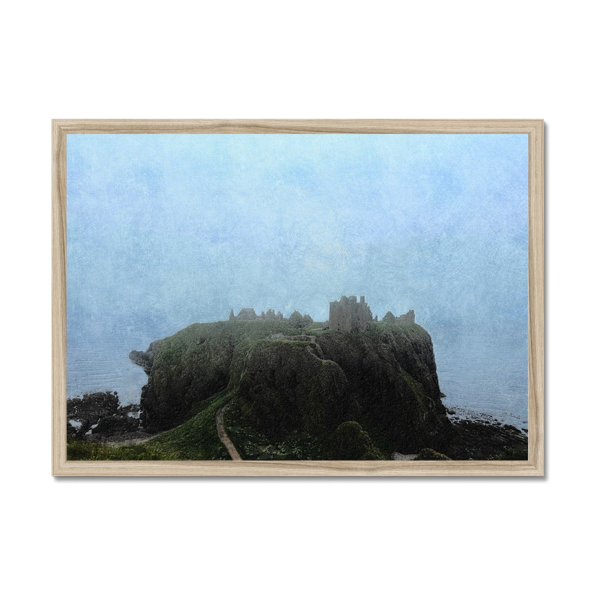 Dunnottar Castle Mist Painting | Framed Prints From Scotland-Framed Prints-Historic & Iconic Scotland Art Gallery-A2 Landscape-Natural Frame-Paintings, Prints, Homeware, Art Gifts From Scotland By Scottish Artist Kevin Hunter