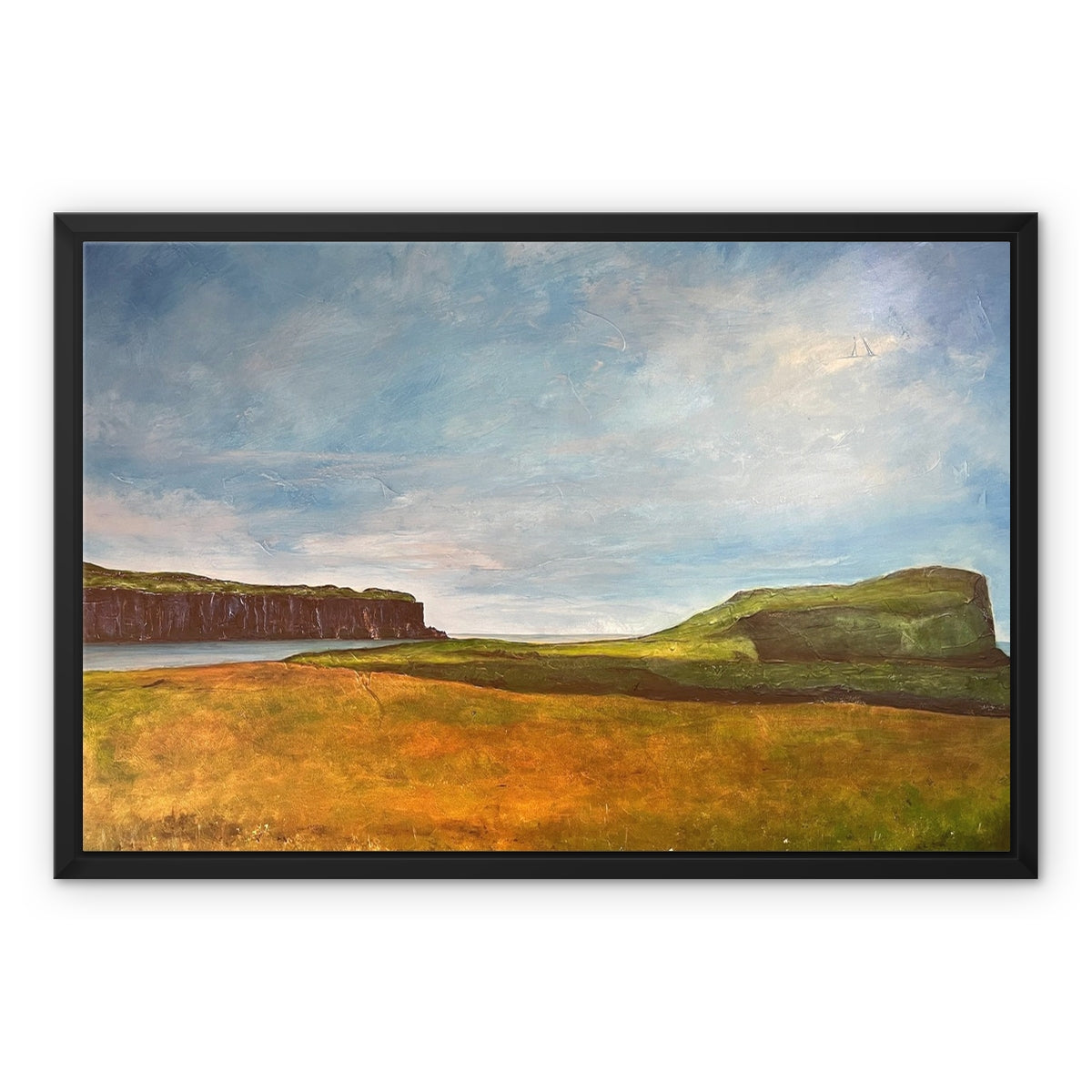 Approaching Oronsay Skye Painting | Framed Canvas From Scotland-Floating Framed Canvas Prints-Skye Art Gallery-24"x18"-Black Frame-Paintings, Prints, Homeware, Art Gifts From Scotland By Scottish Artist Kevin Hunter