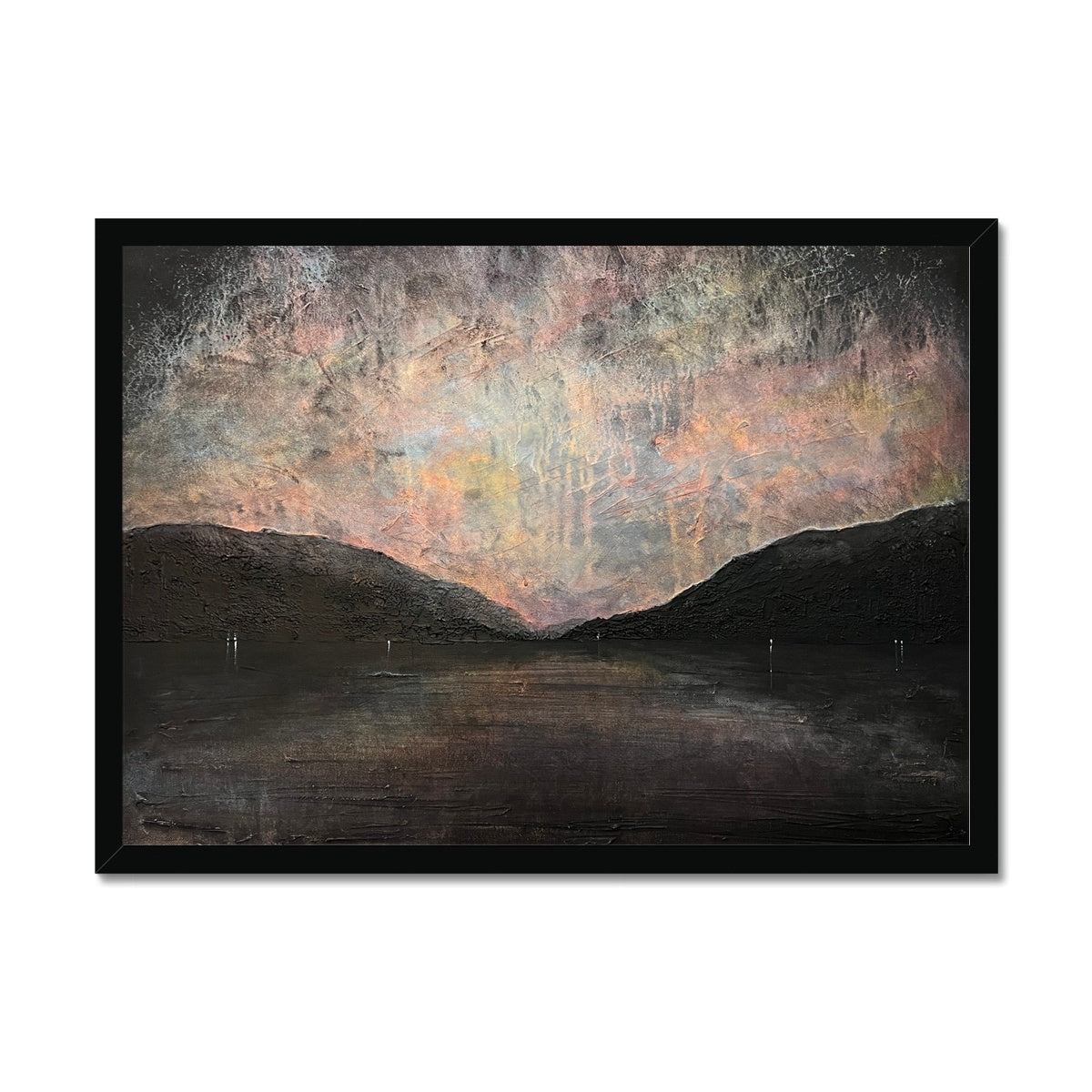 A Brooding Loch Lomond Painting | Framed Prints From Scotland-Framed Prints-Scottish Lochs & Mountains Art Gallery-A2 Landscape-Black Frame-Paintings, Prints, Homeware, Art Gifts From Scotland By Scottish Artist Kevin Hunter