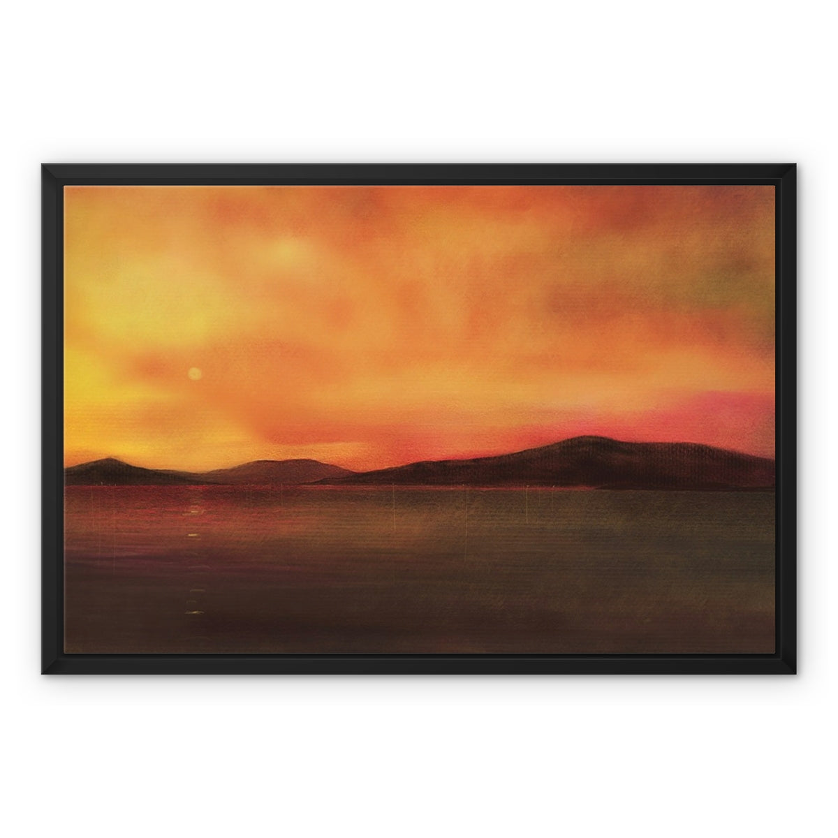 Isle Of Harris Sunset Painting | Framed Canvas From Scotland-Floating Framed Canvas Prints-Hebridean Islands Art Gallery-24"x18"-Black Frame-Paintings, Prints, Homeware, Art Gifts From Scotland By Scottish Artist Kevin Hunter