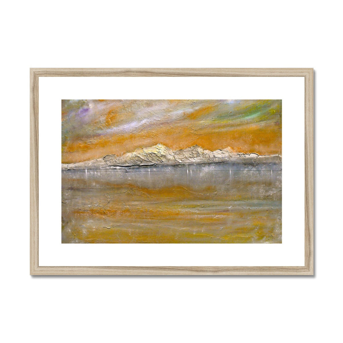 Arran Snow Painting | Framed & Mounted Prints From Scotland-Framed & Mounted Prints-Arran Art Gallery-A2 Landscape-Natural Frame-Paintings, Prints, Homeware, Art Gifts From Scotland By Scottish Artist Kevin Hunter