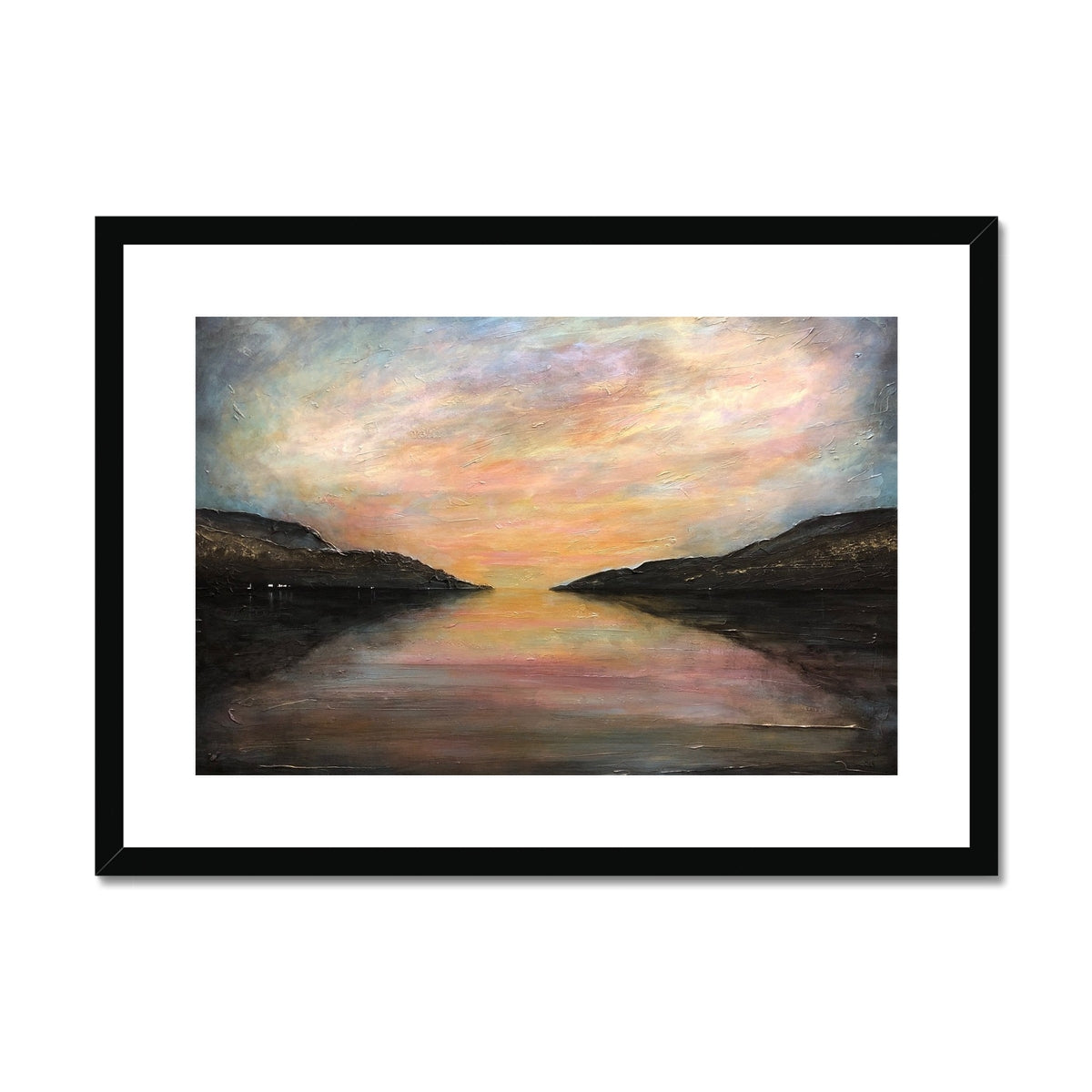 Loch Ness Glow Painting | Framed & Mounted Prints From Scotland-Framed & Mounted Prints-Scottish Lochs & Mountains Art Gallery-A2 Landscape-Black Frame-Paintings, Prints, Homeware, Art Gifts From Scotland By Scottish Artist Kevin Hunter