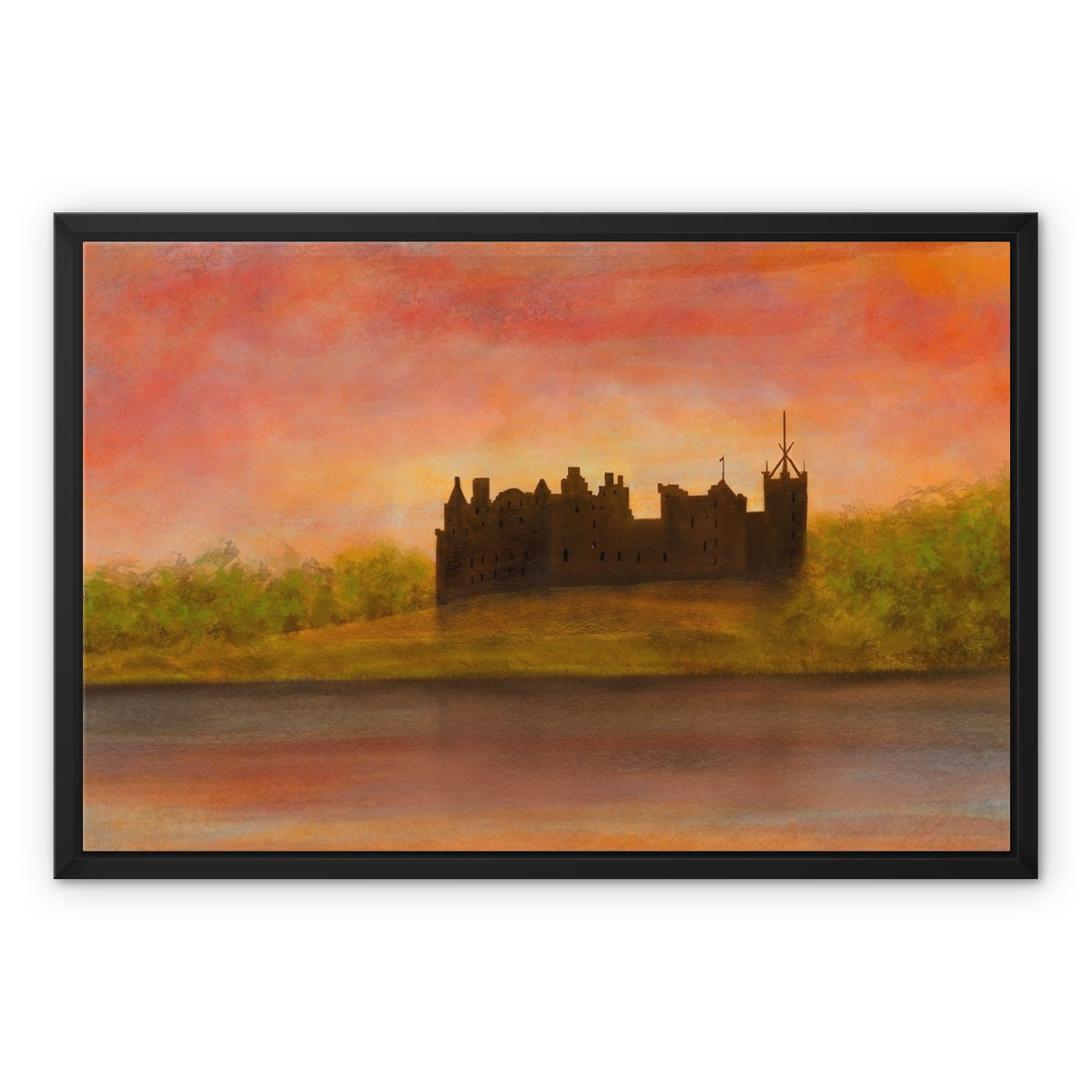 Linlithgow Palace Dusk Painting | Framed Canvas From Scotland-Floating Framed Canvas Prints-Historic & Iconic Scotland Art Gallery-24"x18"-Black Frame-Paintings, Prints, Homeware, Art Gifts From Scotland By Scottish Artist Kevin Hunter