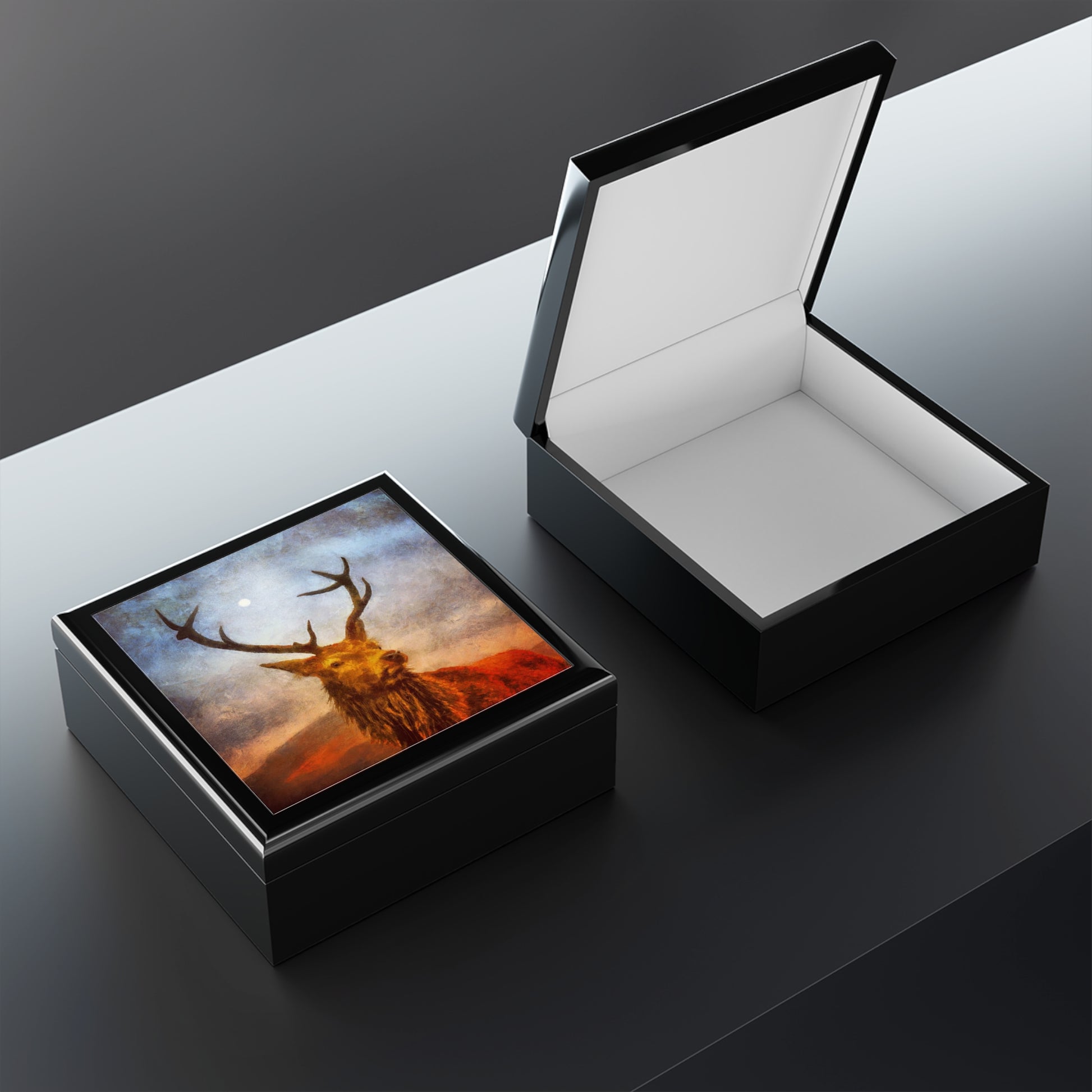 A Moonlit Highland Stag Jewellery Box | Scottish Art Gifts