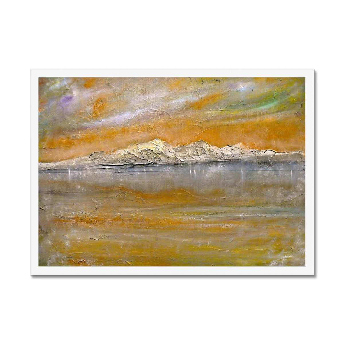 Arran Snow Painting | Framed Prints From Scotland-Framed Prints-Arran Art Gallery-A2 Landscape-White Frame-Paintings, Prints, Homeware, Art Gifts From Scotland By Scottish Artist Kevin Hunter