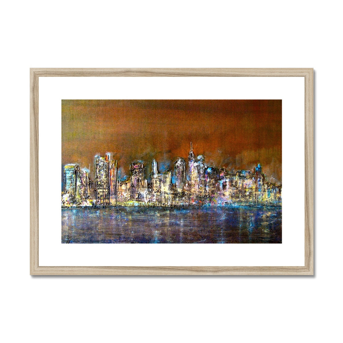 Manhattan Nights Painting | Framed & Mounted Prints From Scotland-Framed & Mounted Prints-World Art Gallery-A2 Landscape-Natural Frame-Paintings, Prints, Homeware, Art Gifts From Scotland By Scottish Artist Kevin Hunter