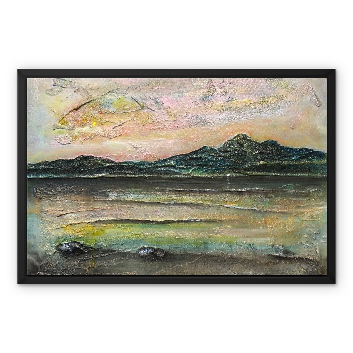 An Ethereal Loch Na Dal Skye Painting | Framed Canvas From Scotland-Floating Framed Canvas Prints-Scottish Lochs & Mountains Art Gallery-24"x18"-Black Frame-Paintings, Prints, Homeware, Art Gifts From Scotland By Scottish Artist Kevin Hunter