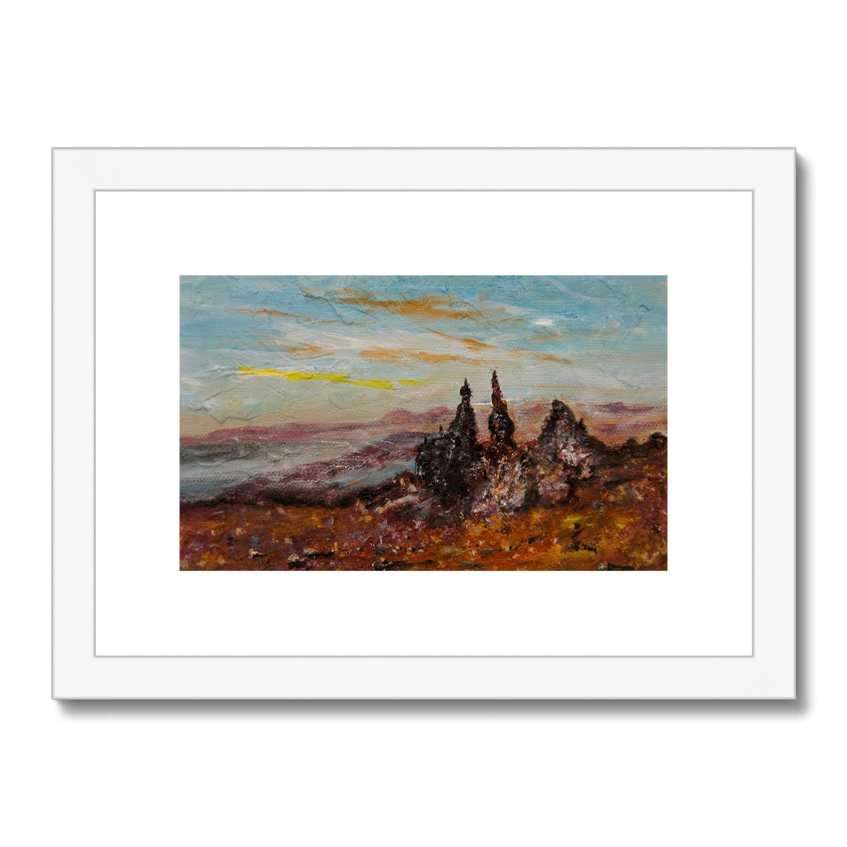 The Storr Skye Painting | Framed & Mounted Prints From Scotland-Framed & Mounted Prints-Skye Art Gallery-A4 Landscape-White Frame-Paintings, Prints, Homeware, Art Gifts From Scotland By Scottish Artist Kevin Hunter