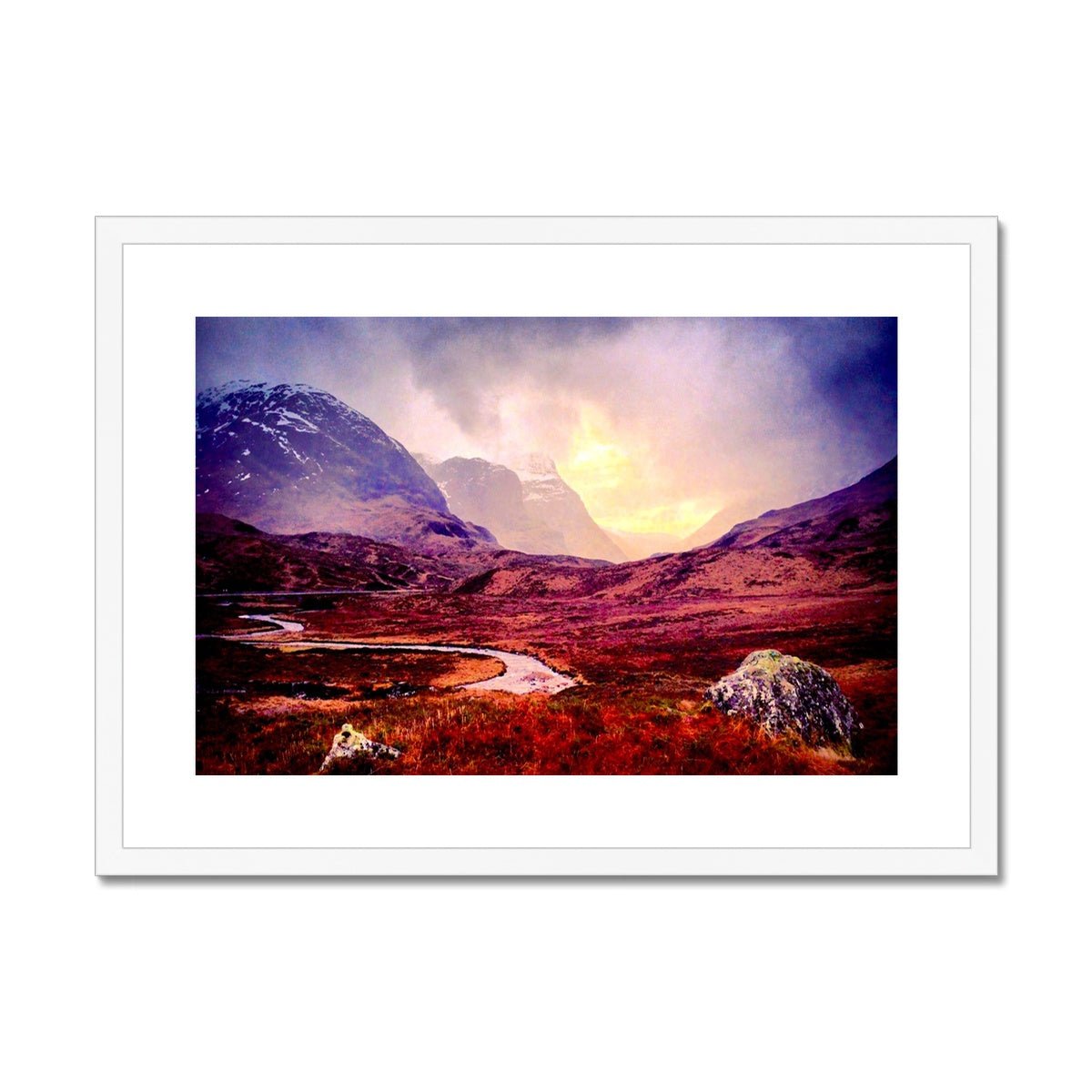 A Brooding Glencoe Painting | Framed & Mounted Prints From Scotland-Framed & Mounted Prints-Glencoe Art Gallery-A2 Landscape-White Frame-Paintings, Prints, Homeware, Art Gifts From Scotland By Scottish Artist Kevin Hunter