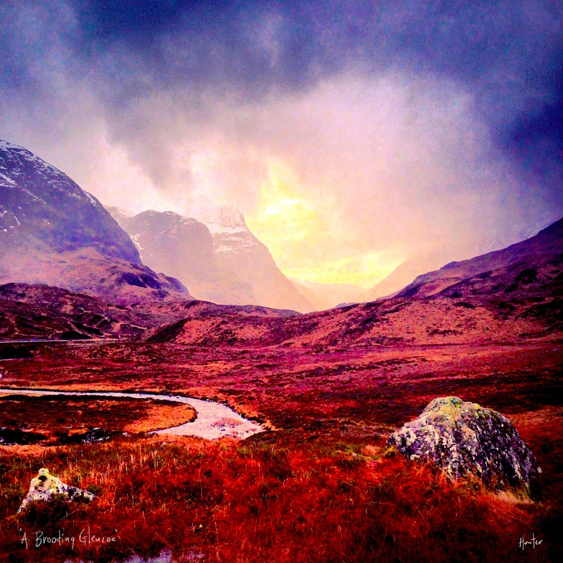 A Brooding Glencoe | Scotland In Your Pocket Art Print-Scotland In Your Pocket Framed Prints-Glencoe Art Gallery-Mounted & Cello Bag: 12.5x12.5 cm-Black Frame-Paintings, Prints, Homeware, Art Gifts From Scotland By Scottish Artist Kevin Hunter