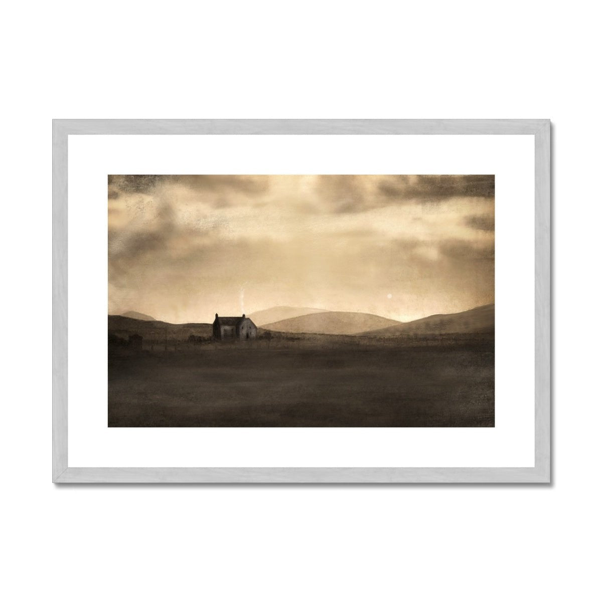 A Moonlit Croft Painting | Antique Framed & Mounted Prints From Scotland-Antique Framed & Mounted Prints-Hebridean Islands Art Gallery-A2 Landscape-Silver Frame-Paintings, Prints, Homeware, Art Gifts From Scotland By Scottish Artist Kevin Hunter