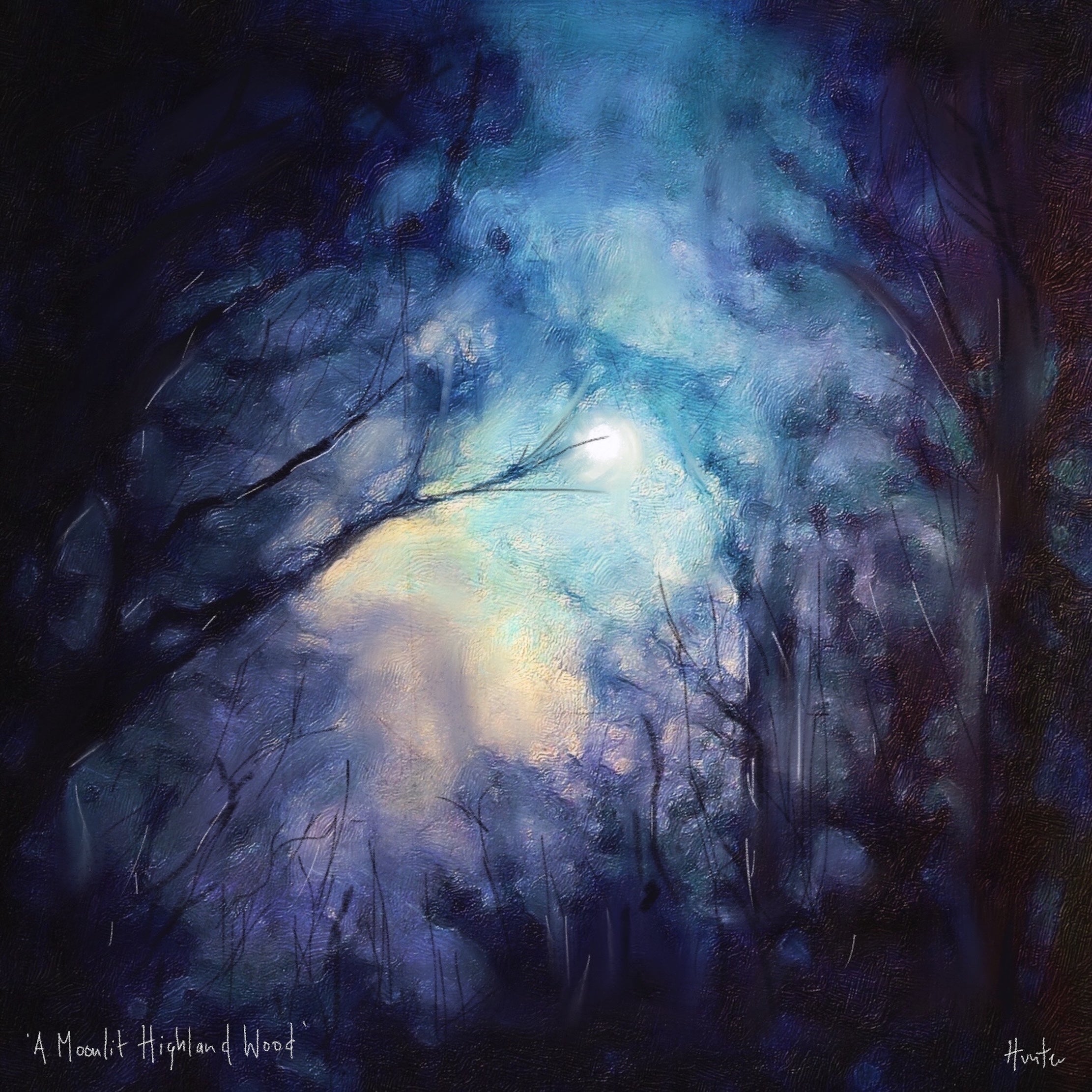 A Moonlit Highland Wood | Scotland In Your Pocket Art Print-Scotland In Your Pocket Framed Prints-Scottish Highlands & Lowlands Art Gallery-Mounted & Cello Bag: 12.5x12.5 cm-Black Frame-Paintings, Prints, Homeware, Art Gifts From Scotland By Scottish Artist Kevin Hunter