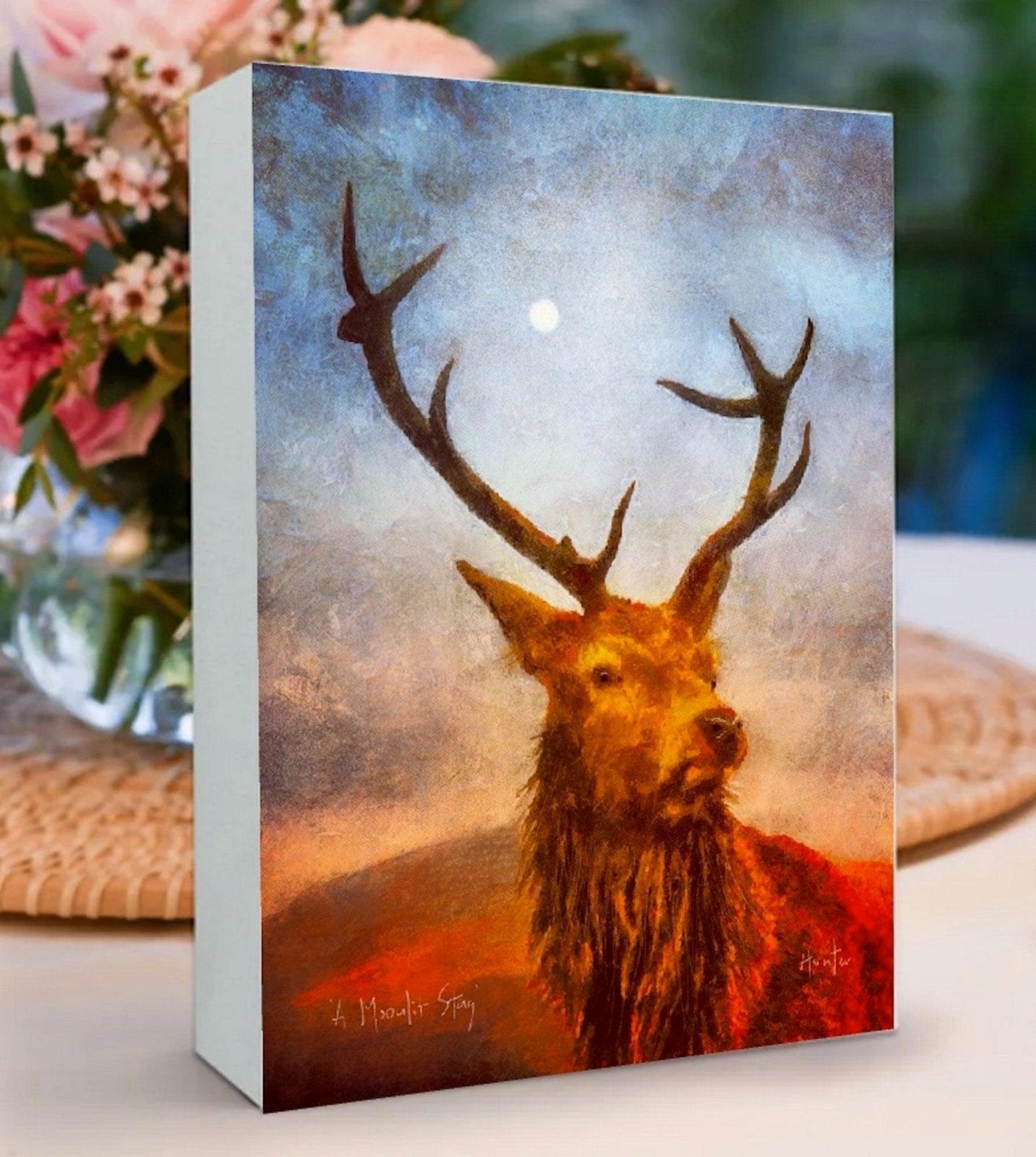 A Moonlit Highland Wood Wooden Art Block-Wooden Art Blocks-Scottish Highlands & Lowlands Art Gallery-Paintings, Prints, Homeware, Art Gifts From Scotland By Scottish Artist Kevin Hunter