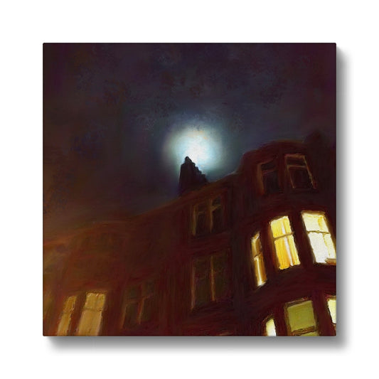 A Moonlit Tenement Eco Art Canvas Print | Scottish Art Gifts