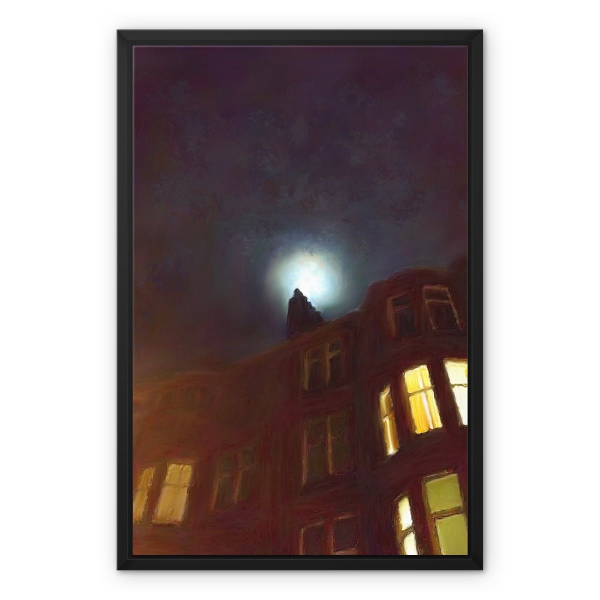 A Moonlit Tenement Painting | Framed Canvas From Scotland-Floating Framed Canvas Prints-Edinburgh & Glasgow Art Gallery-18"x24"-Black Frame-Paintings, Prints, Homeware, Art Gifts From Scotland By Scottish Artist Kevin Hunter