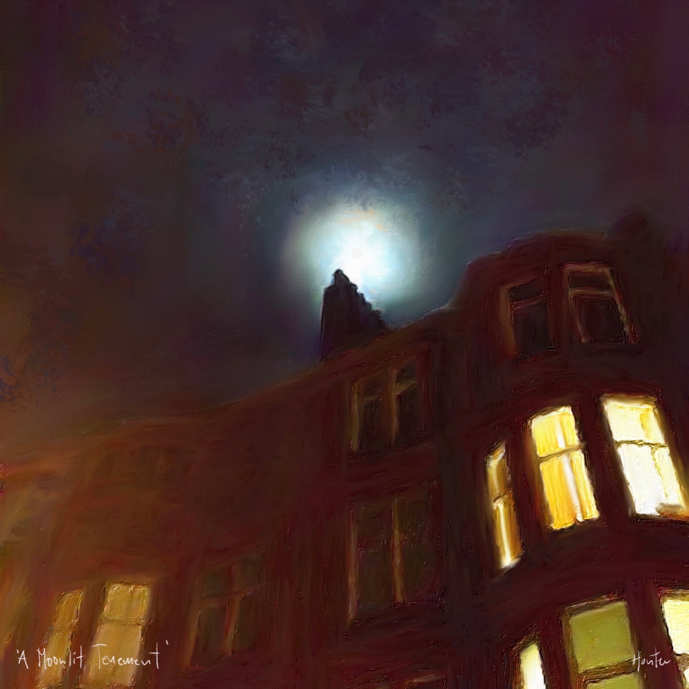 A Moonlit Tenement | Scotland In Your Pocket Art Print-Scotland In Your Pocket Framed Prints-Edinburgh & Glasgow Art Gallery-Mounted & Cello Bag: 12.5x12.5 cm-Black Frame-Paintings, Prints, Homeware, Art Gifts From Scotland By Scottish Artist Kevin Hunter