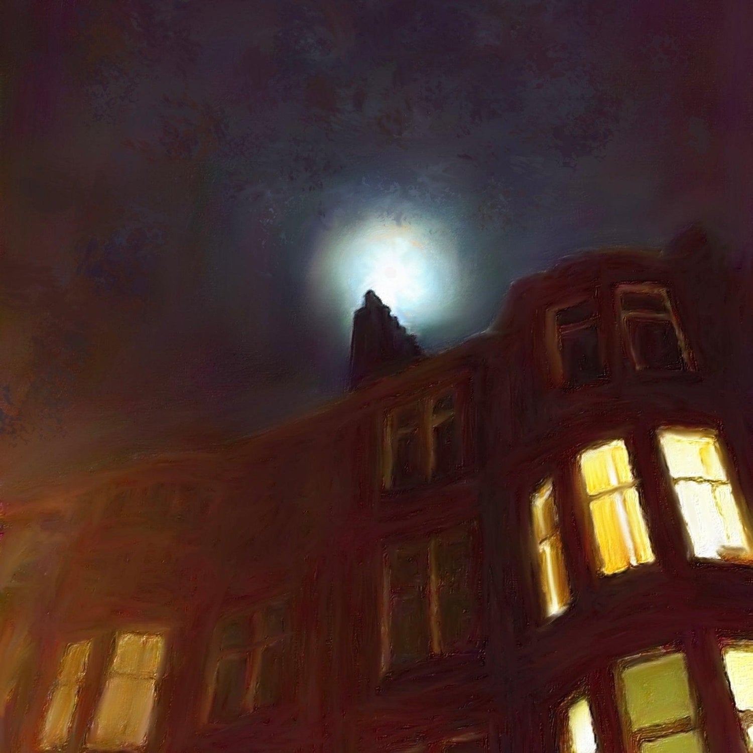 A Moonlit Tenement Wooden Art Block