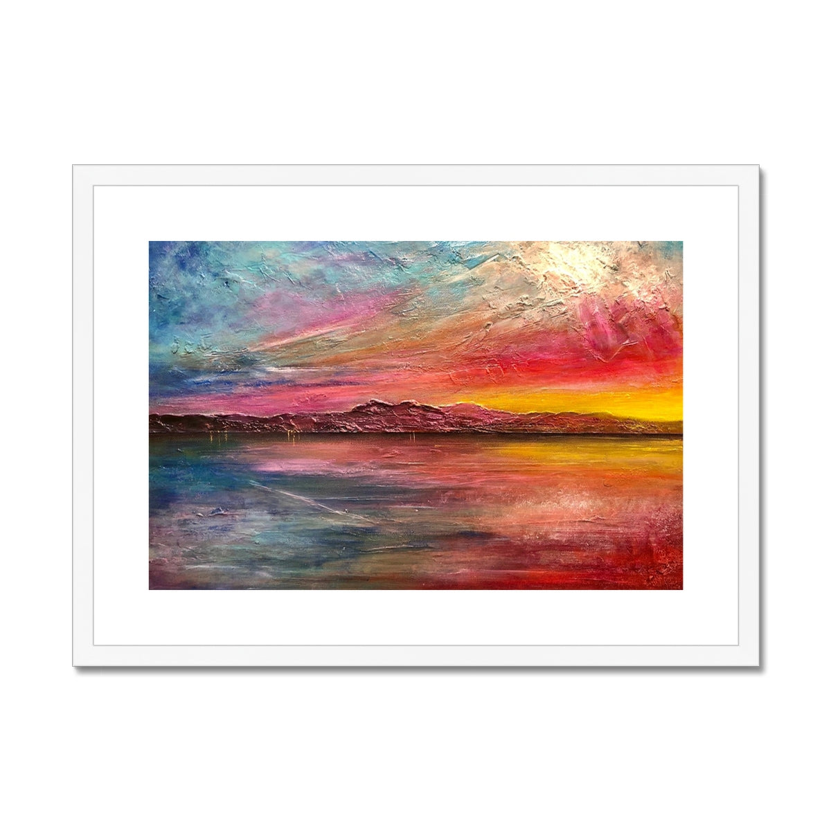 Arran Sunset ii Painting | Framed & Mounted Prints From Scotland-Framed & Mounted Prints-Arran Art Gallery-A2 Landscape-White Frame-Paintings, Prints, Homeware, Art Gifts From Scotland By Scottish Artist Kevin Hunter
