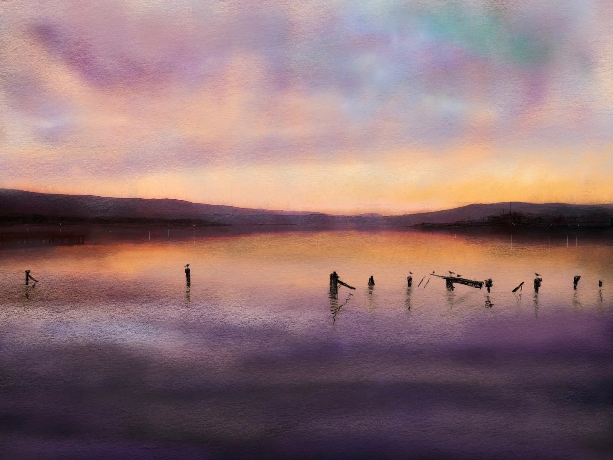 Admiralty Jetty Dusk - River Clyde Art Gallery Scotland Worldwide Shipping Twilight Lake Remnants Kevin Hunter Portfolio Giclee Prints