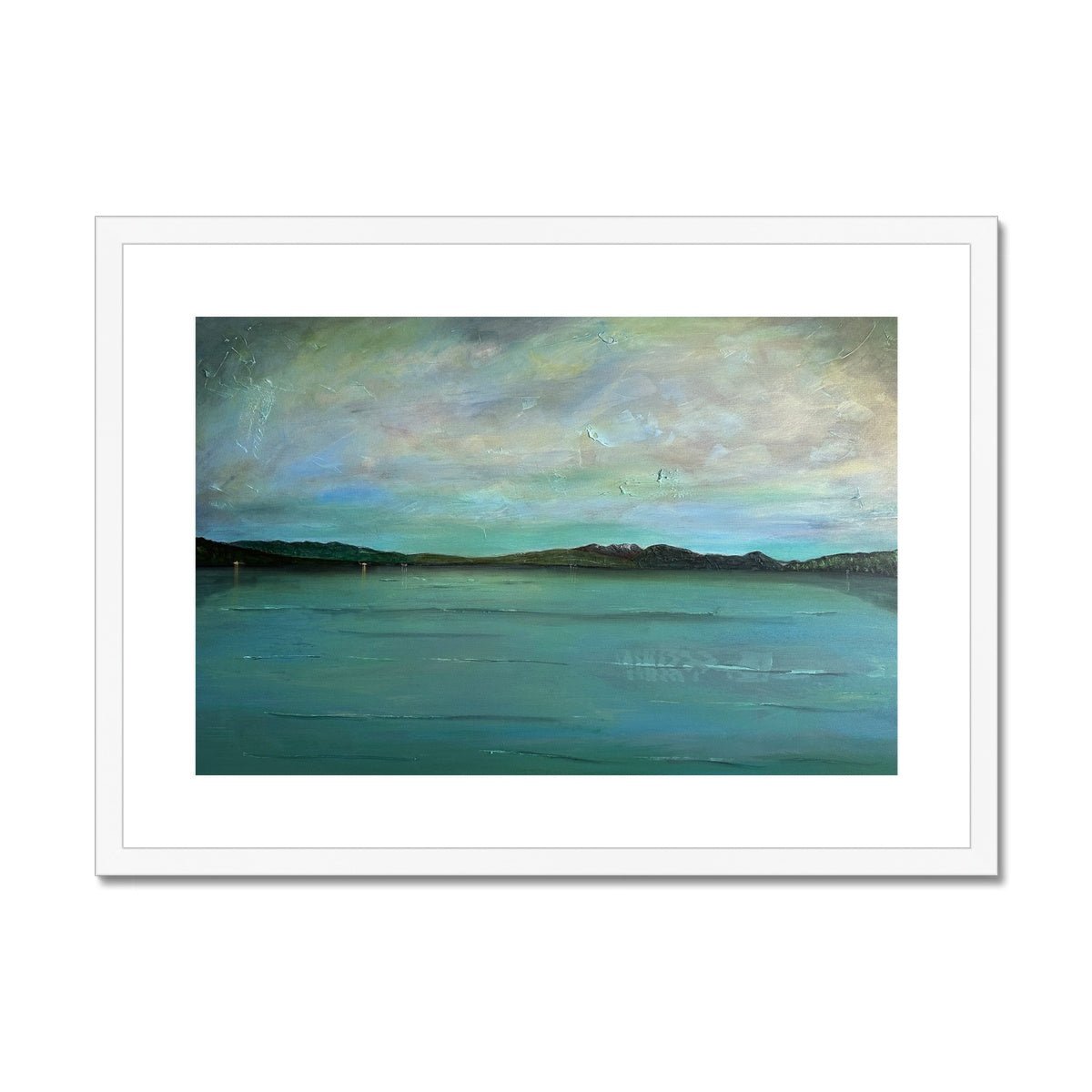 An Emerald Loch Lomond Painting | Framed & Mounted Prints From Scotland-Framed & Mounted Prints-Scottish Lochs & Mountains Art Gallery-A2 Landscape-White Frame-Paintings, Prints, Homeware, Art Gifts From Scotland By Scottish Artist Kevin Hunter
