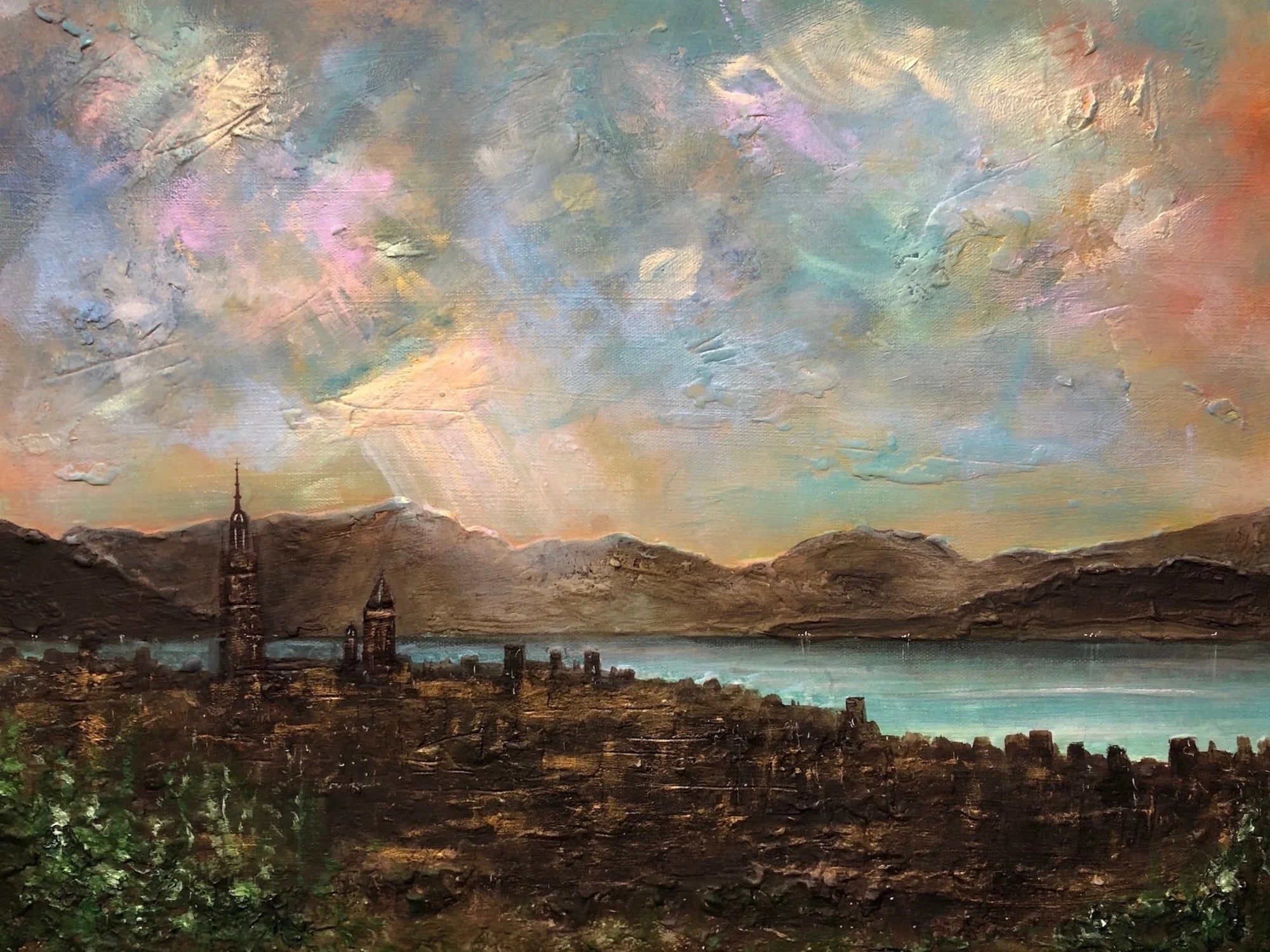 Angels Fingers Over Greenock - River Clyde Art Gallery Scotland Worldwide Shipping Oil Painting Cityscape Kevin Hunter Portfolio Giclee