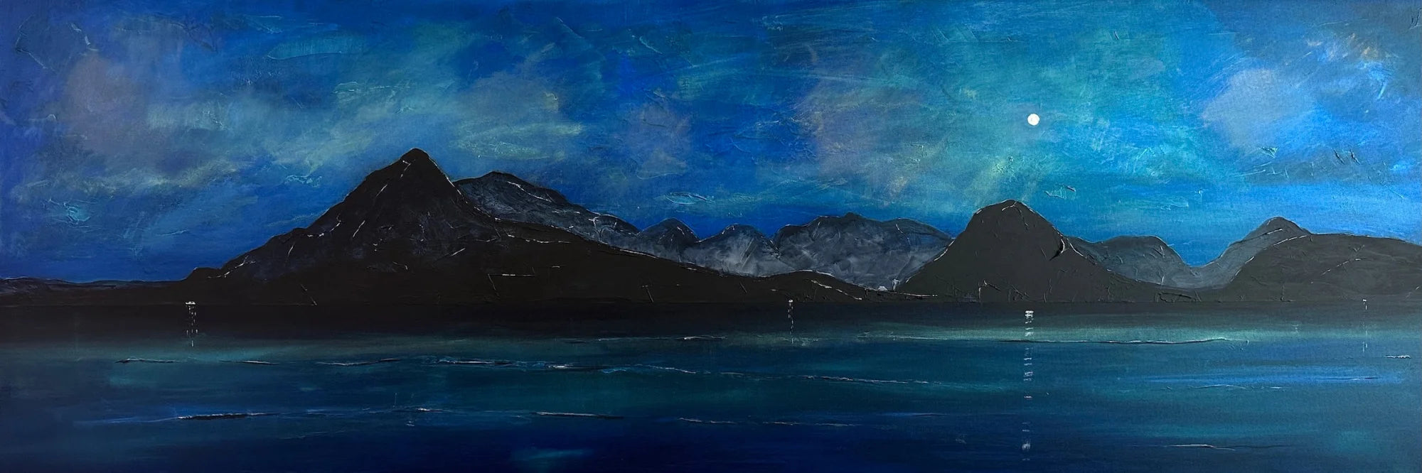 Arran Prussian Moonlight Original Panoramic Painting on Canvas - Skye Art Gallery Scotland Worldwide Shipping Paintings and Prints