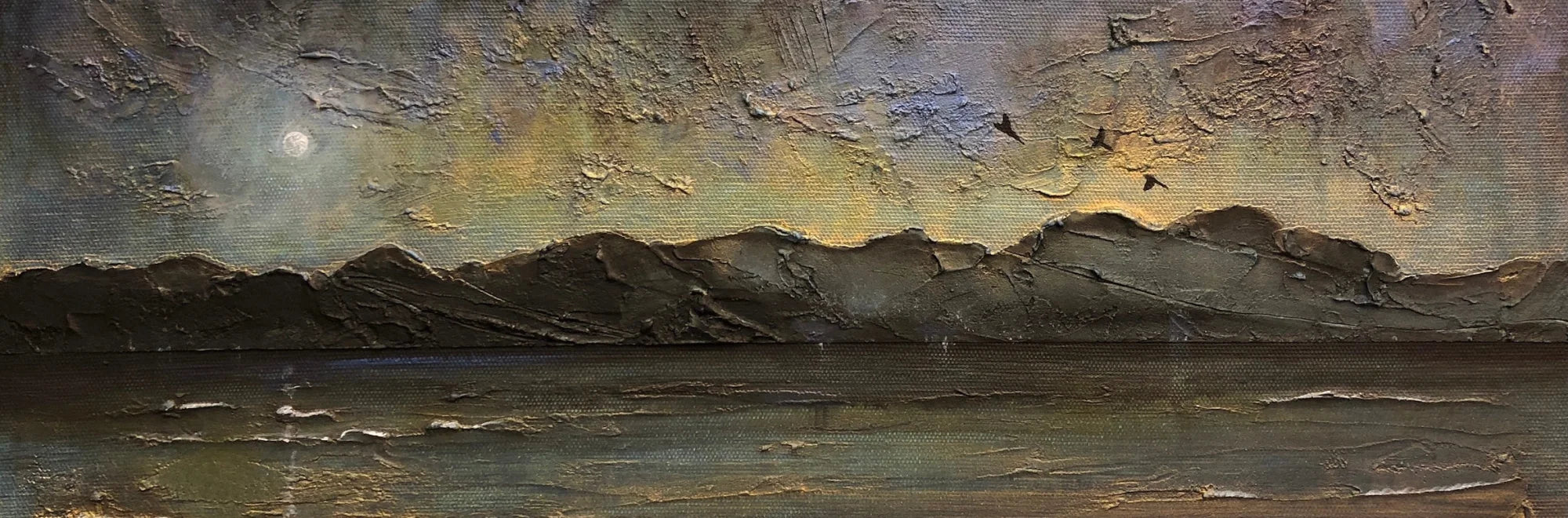 Arran Storm Brewing Original Panoramic Painting on Canvas - Art Gallery Scotland Worldwide Shipping Paintings and Prints by Artist Hunter