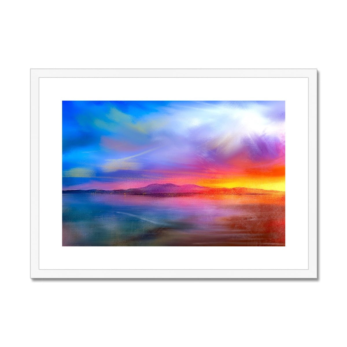 Arran Sunset Painting | Framed & Mounted Prints From Scotland-Framed & Mounted Prints-Arran Art Gallery-A2 Landscape-White Frame-Paintings, Prints, Homeware, Art Gifts From Scotland By Scottish Artist Kevin Hunter