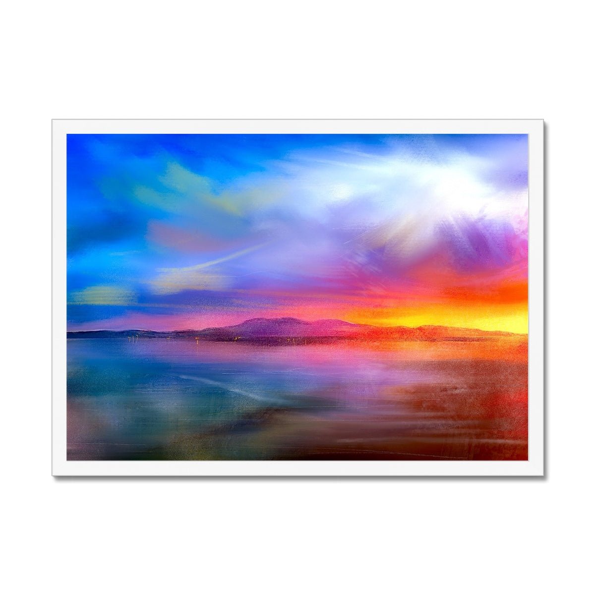 Arran Sunset Painting | Framed Prints From Scotland-Framed Prints-Arran Art Gallery-A2 Landscape-White Frame-Paintings, Prints, Homeware, Art Gifts From Scotland By Scottish Artist Kevin Hunter