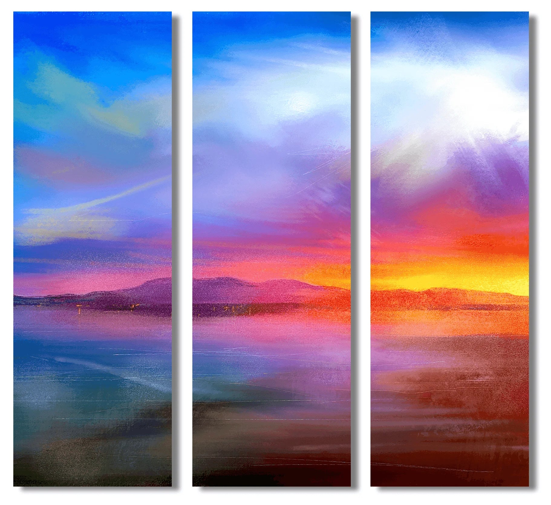 Arran Sunset Triptych | Statement Interior Wall Art from Scotland - Gallery Worldwide Shipping Triptych Colorful Sunset Paintings | Prints