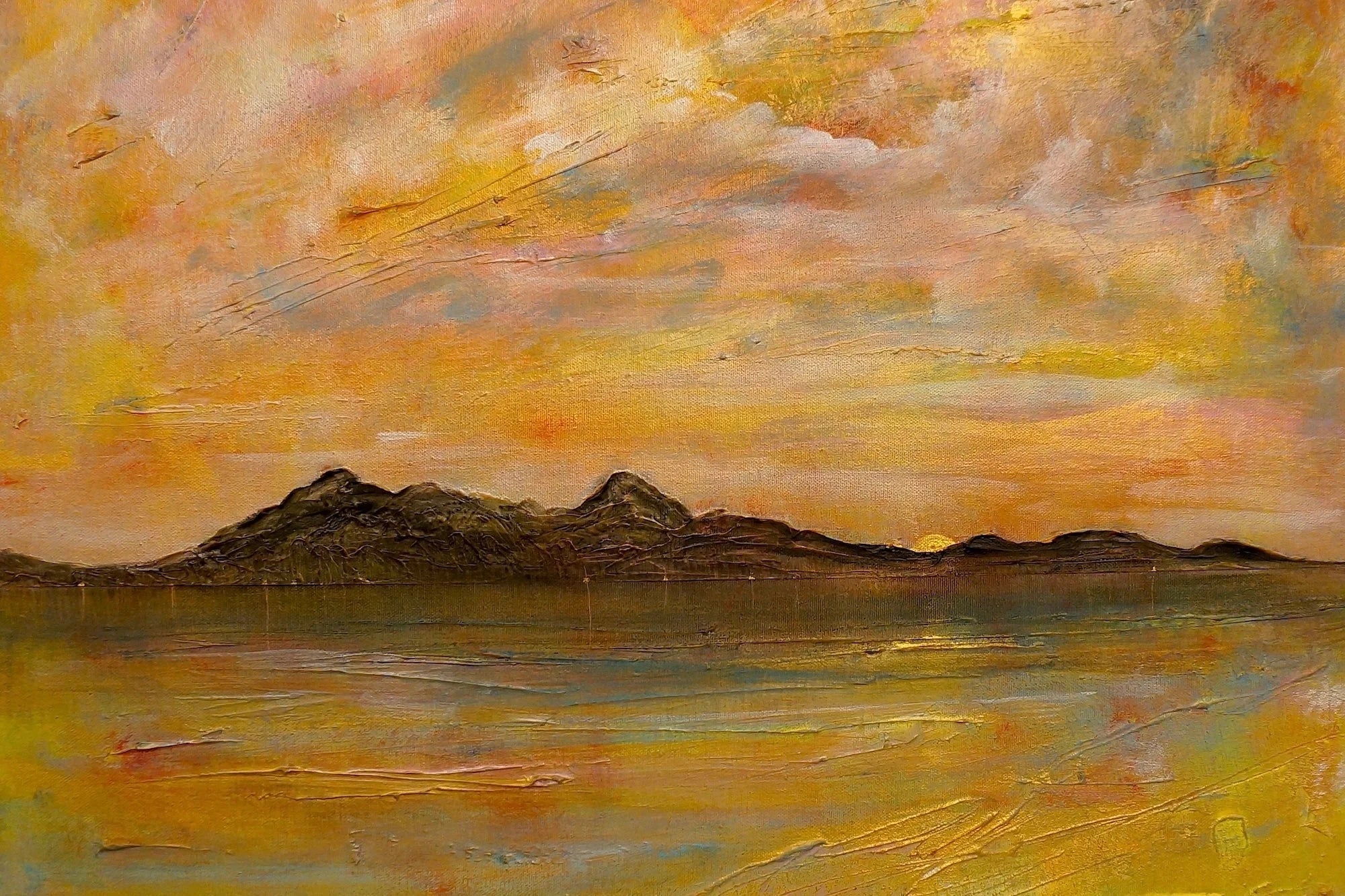 Arran Sunset Wooden Art by Scottish Artist Hunter - Gallery Scotland Worldwide Shipping Expressive Landscape Painting Landscape Featuring