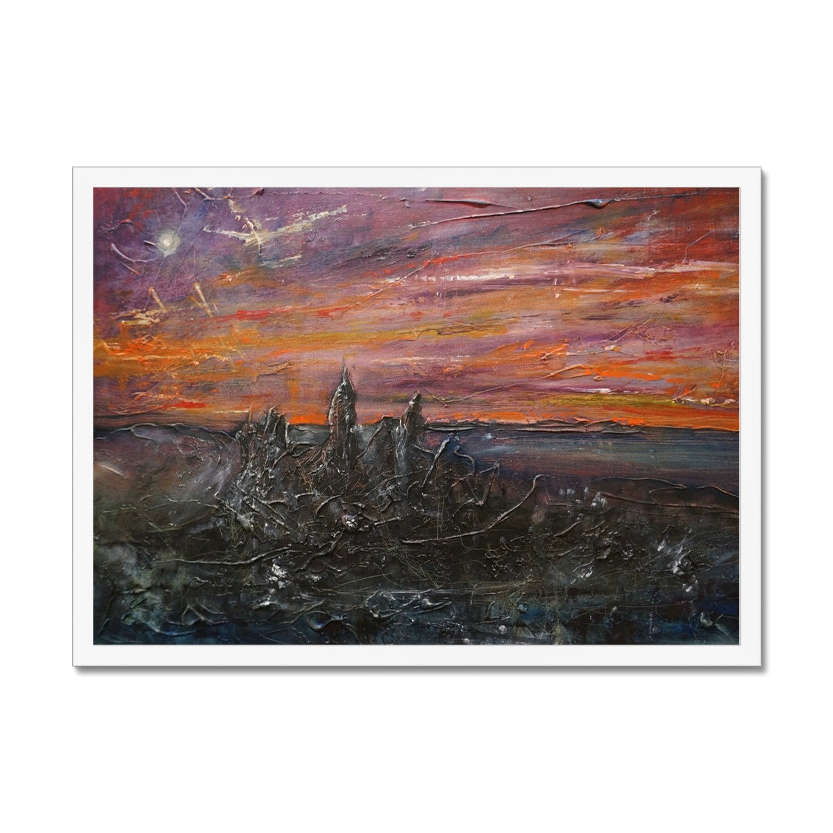 Storr Moonlight Skye Painting | Framed Prints From Scotland-Framed Prints-Skye Art Gallery-A2 Landscape-White Frame-Paintings, Prints, Homeware, Art Gifts From Scotland By Scottish Artist Kevin Hunter