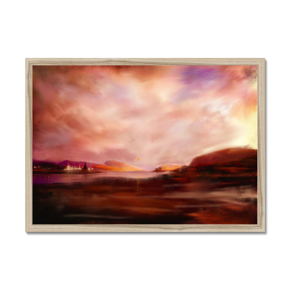 Plockton Sunset Painting | Framed Prints From Scotland-Framed Prints-Scottish Highlands & Lowlands Art Gallery-A2 Landscape-Natural Frame-Paintings, Prints, Homeware, Art Gifts From Scotland By Scottish Artist Kevin Hunter
