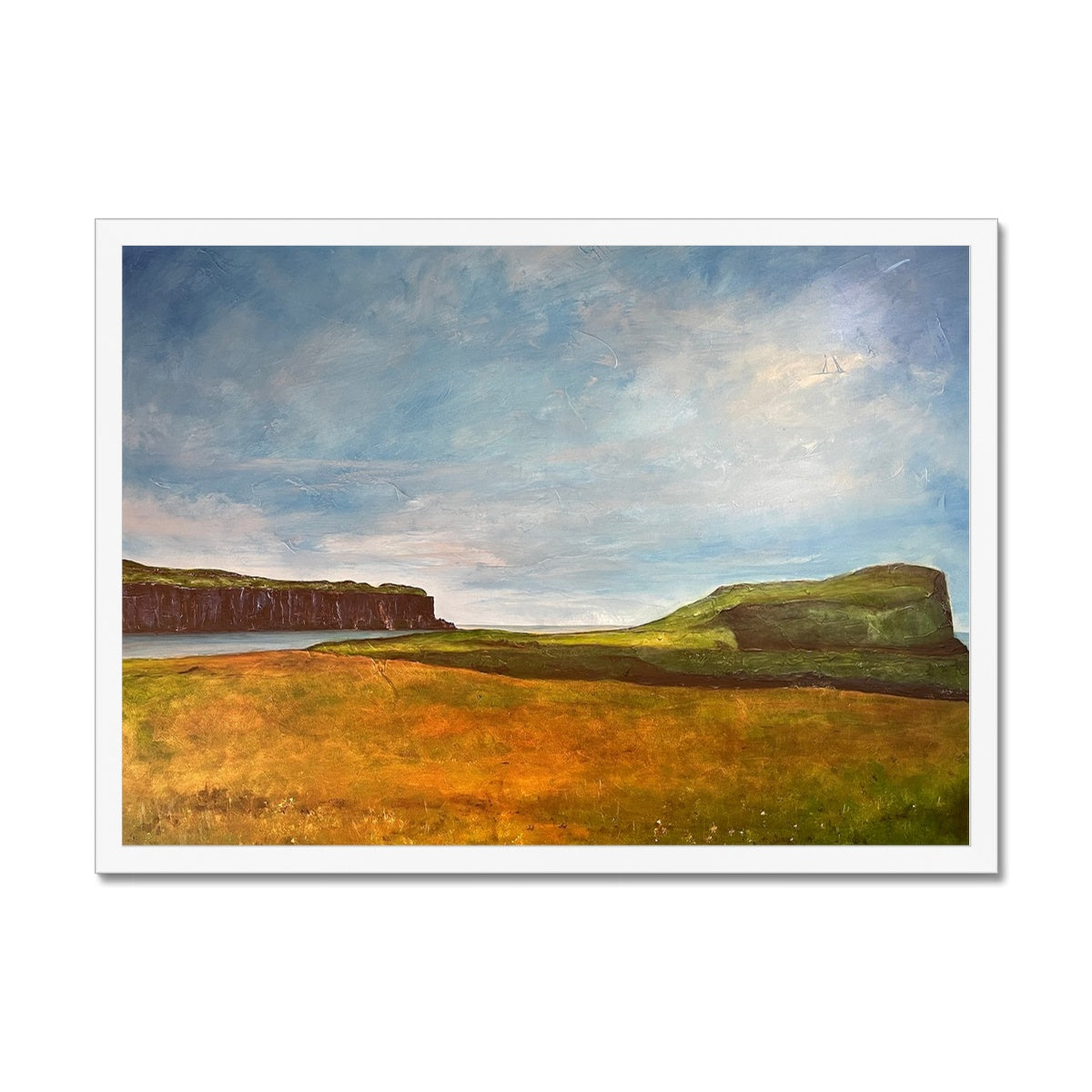 Approaching Oronsay Skye Painting | Framed Prints From Scotland-Framed Prints-Skye Art Gallery-A2 Landscape-White Frame-Paintings, Prints, Homeware, Art Gifts From Scotland By Scottish Artist Kevin Hunter