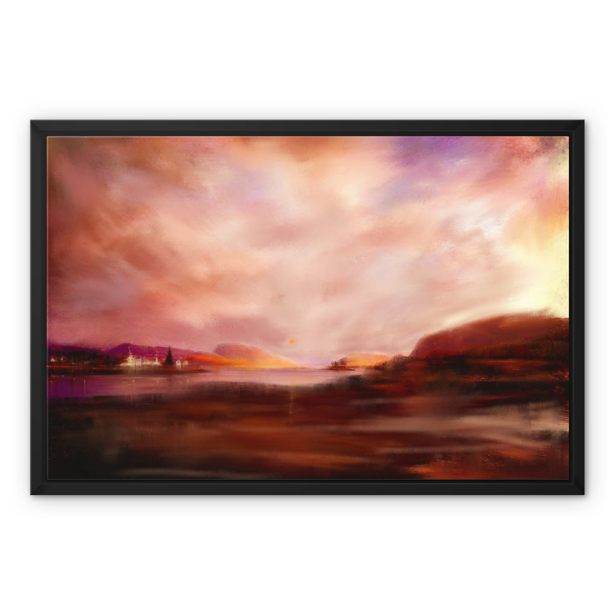 Plockton Sunset Painting | Framed Canvas From Scotland-Floating Framed Canvas Prints-Scottish Highlands & Lowlands Art Gallery-24"x18"-Black Frame-Paintings, Prints, Homeware, Art Gifts From Scotland By Scottish Artist Kevin Hunter